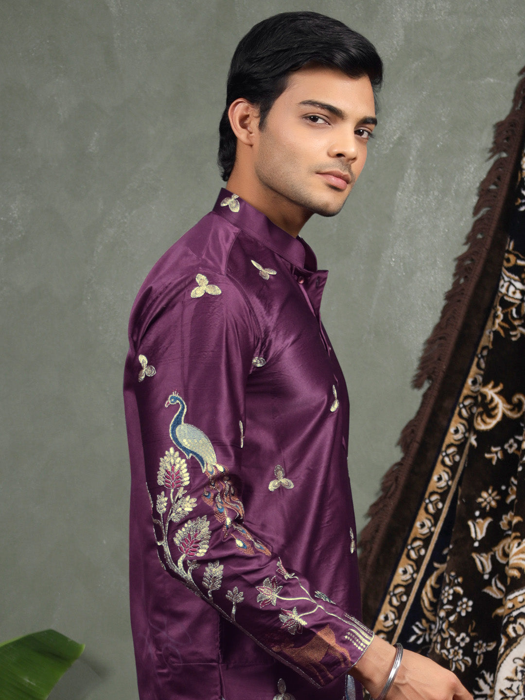 Wine Scenic Embroidered Satin Kurta