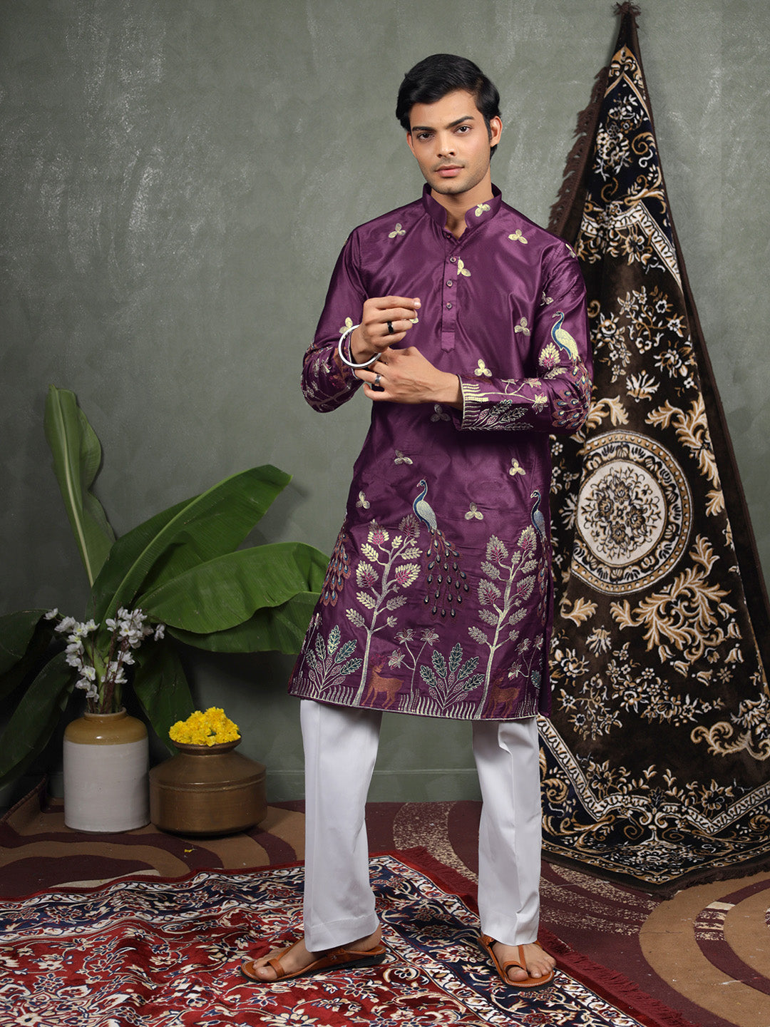 Wine Scenic Embroidered Satin Kurta