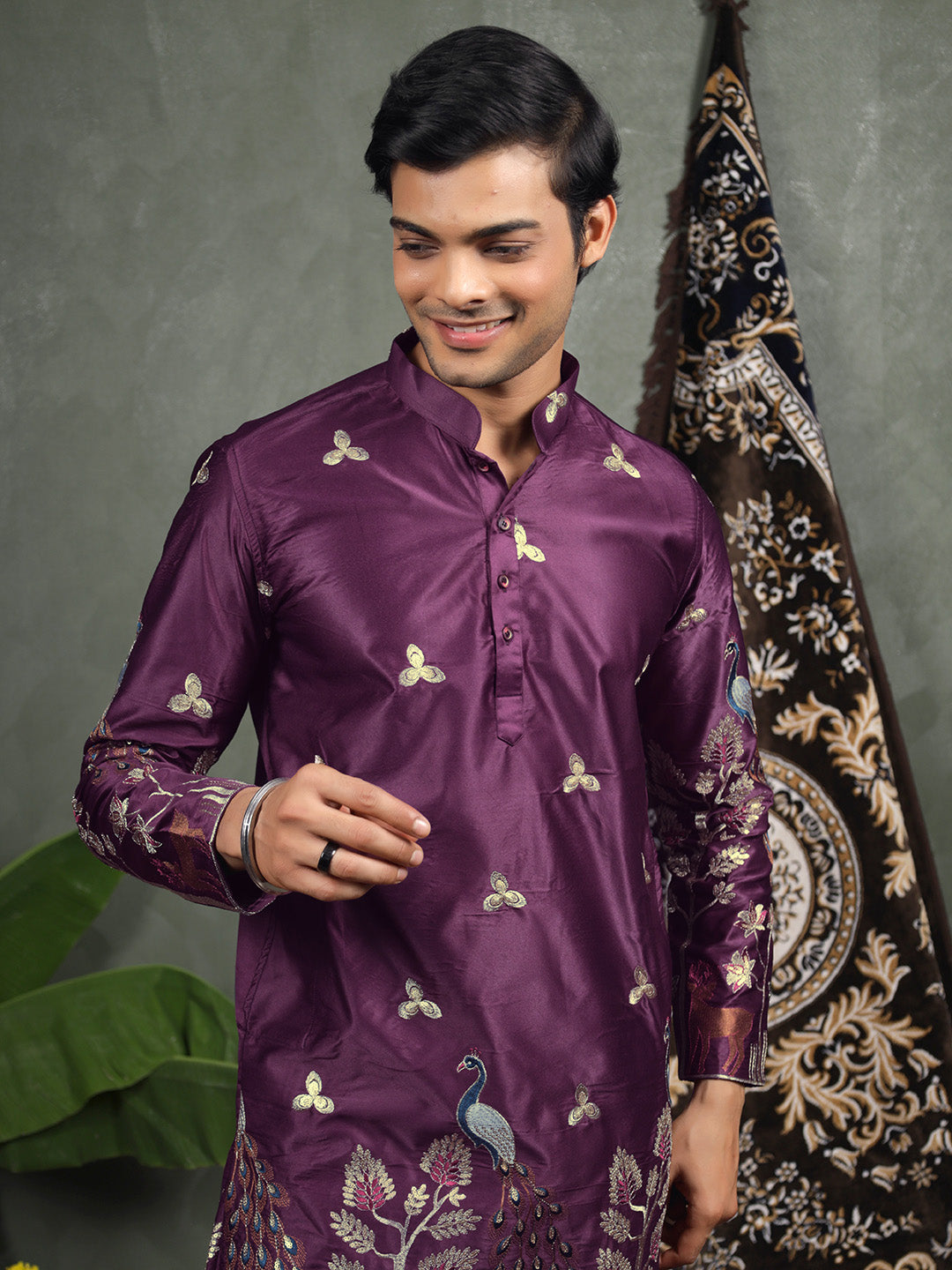 Wine Scenic Embroidered Satin Kurta