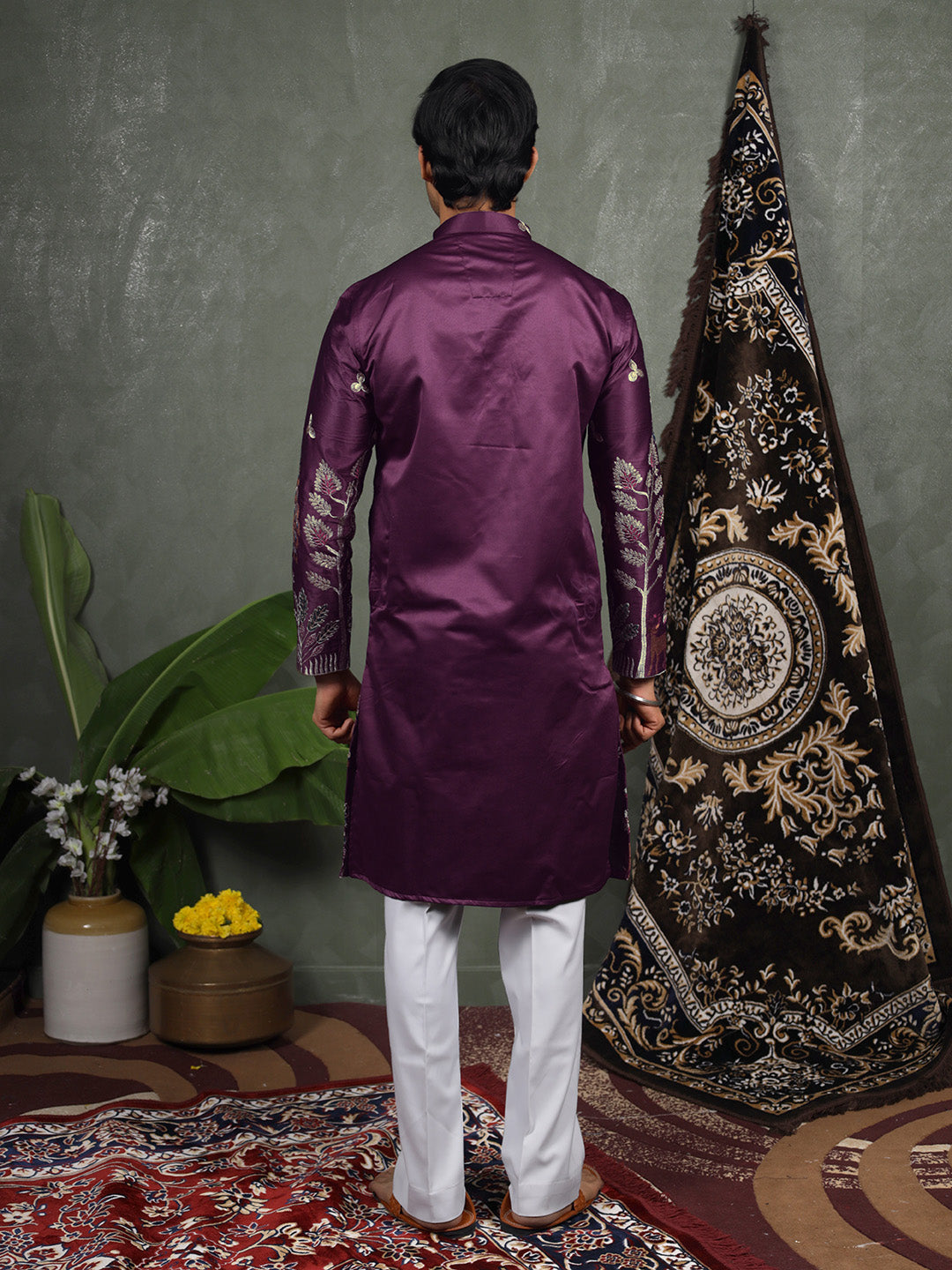 Wine Scenic Embroidered Satin Kurta