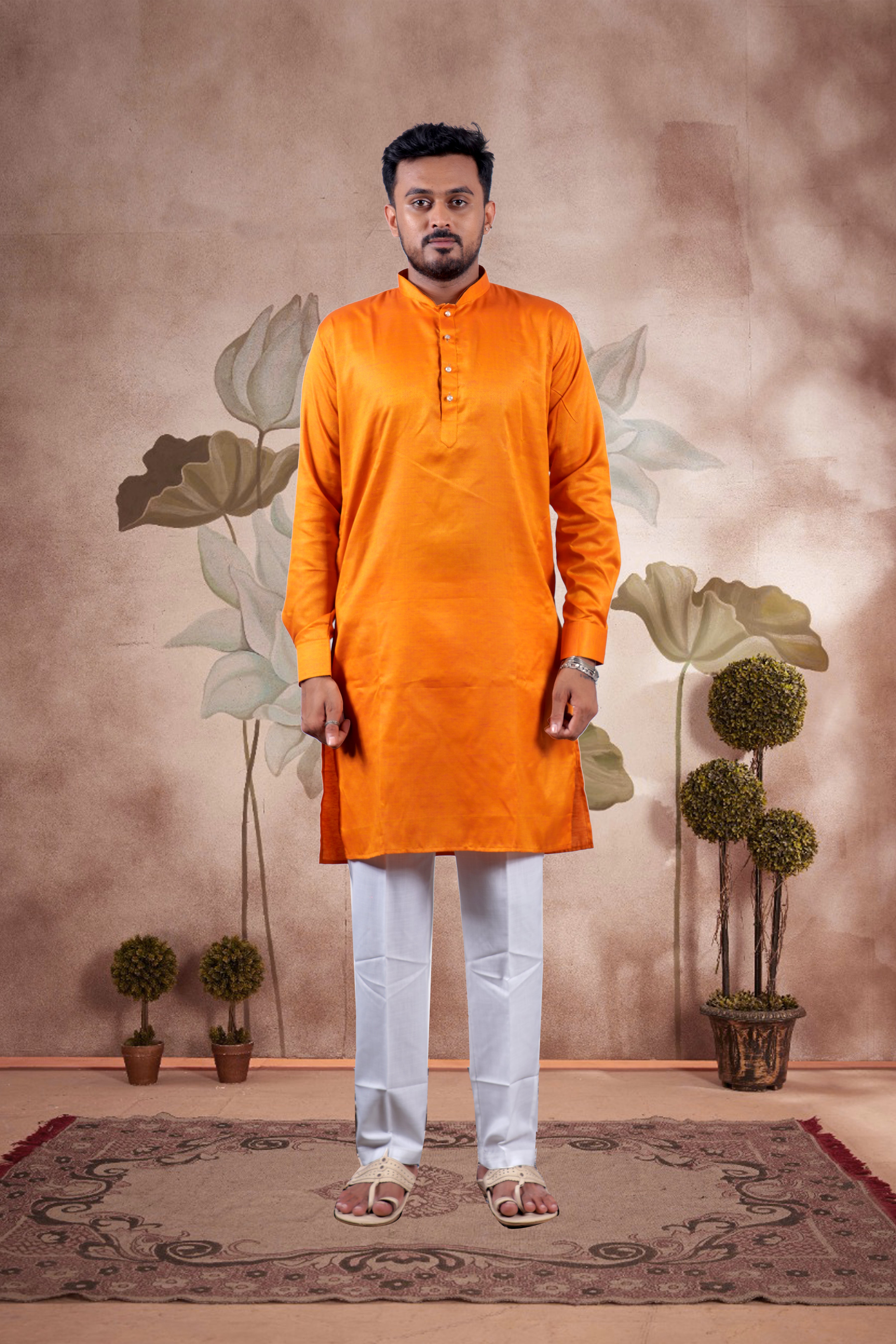 Orange Solid Cotton Kurta