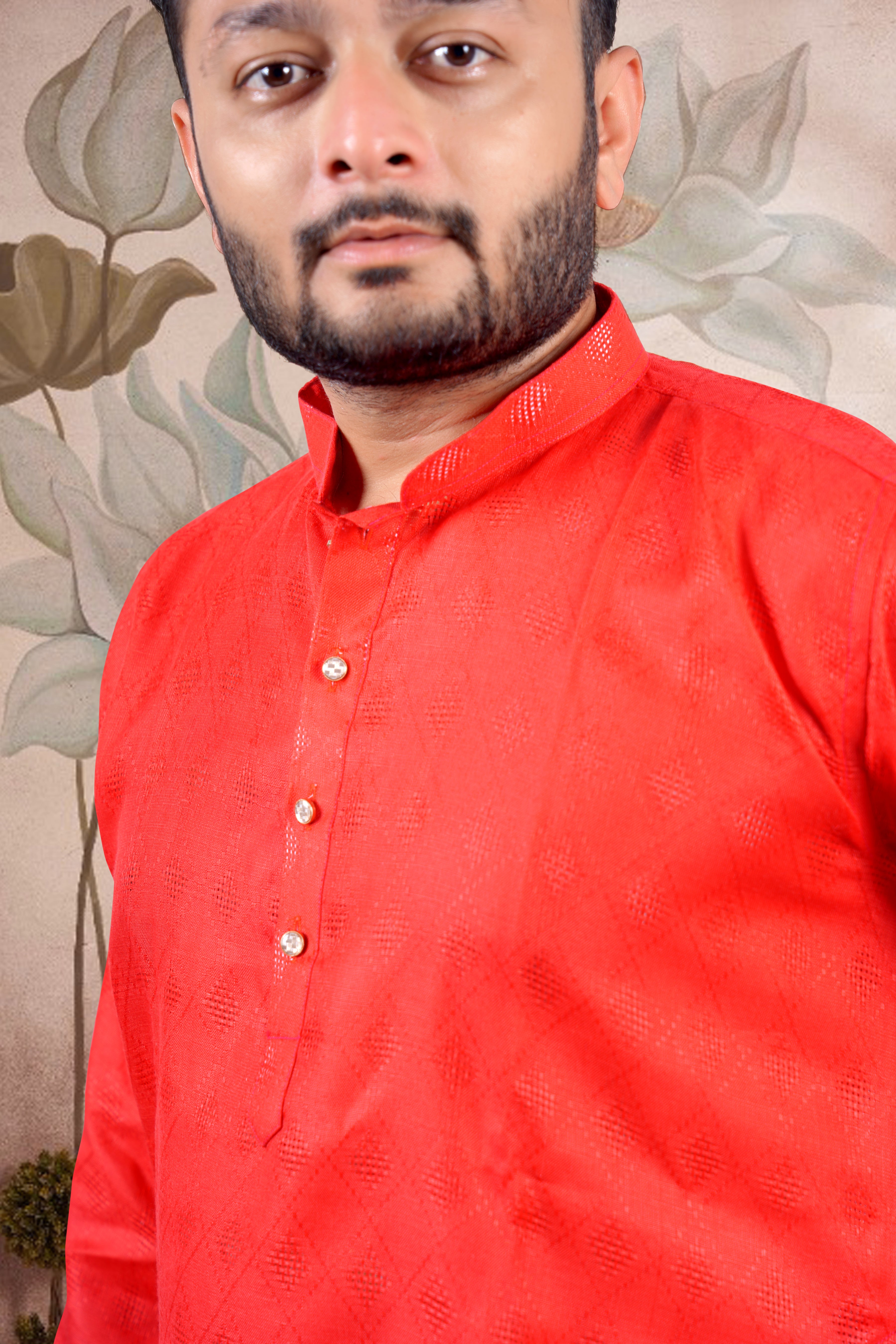 Red Solid Cotton Kurta
