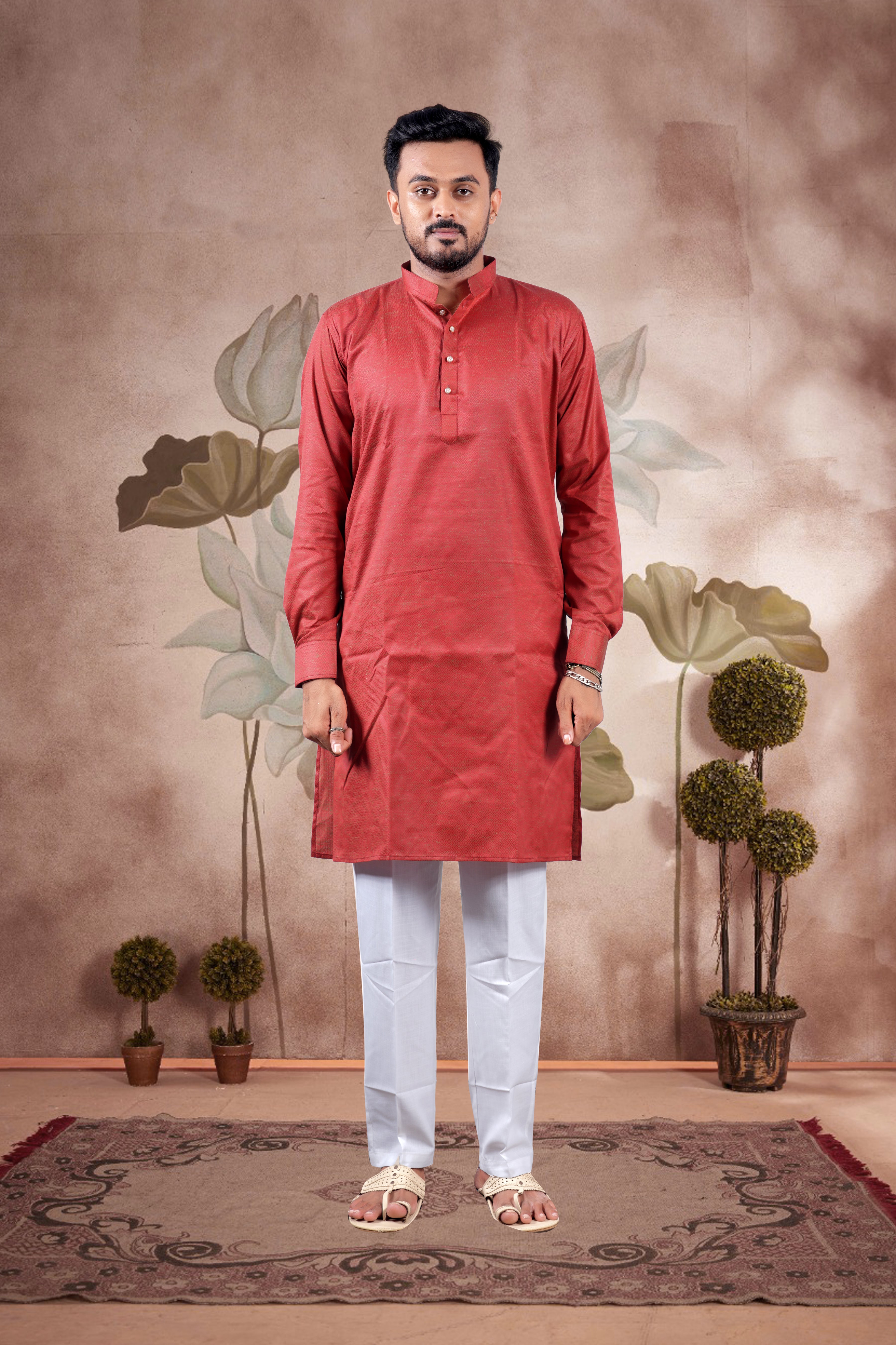 Red Solid Cotton Kurta