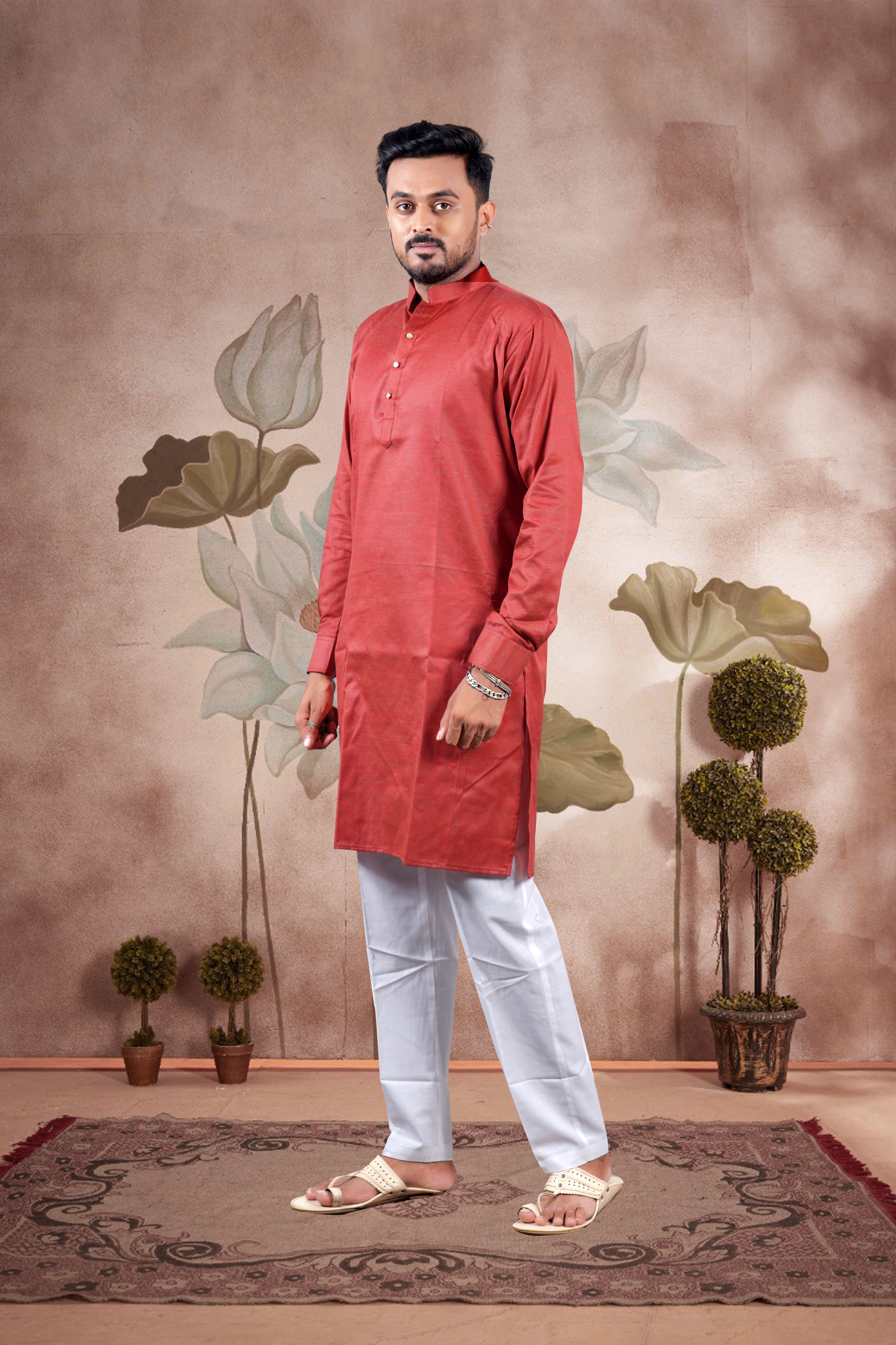 Red Solid Cotton Kurta