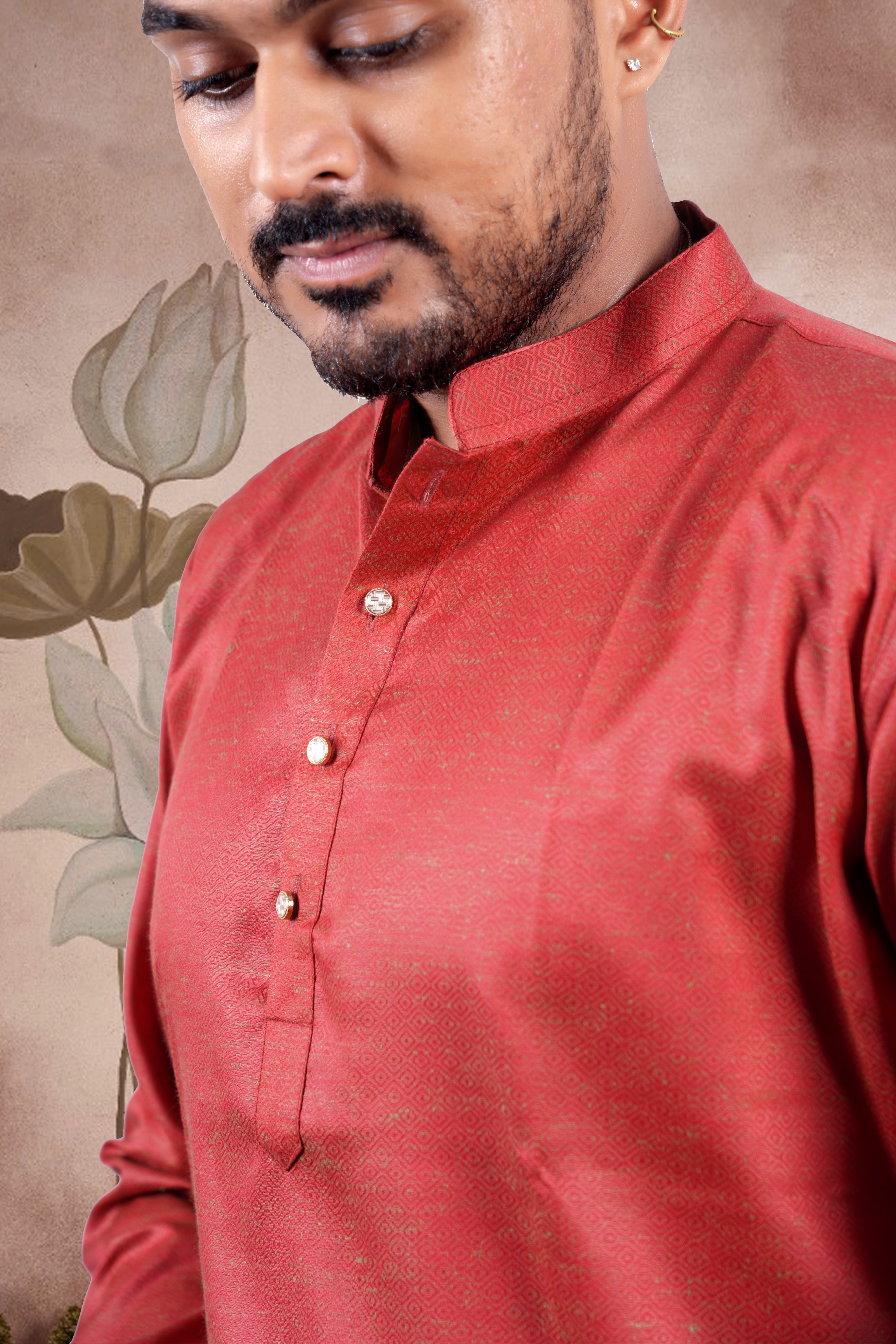 Red Solid Cotton Kurta