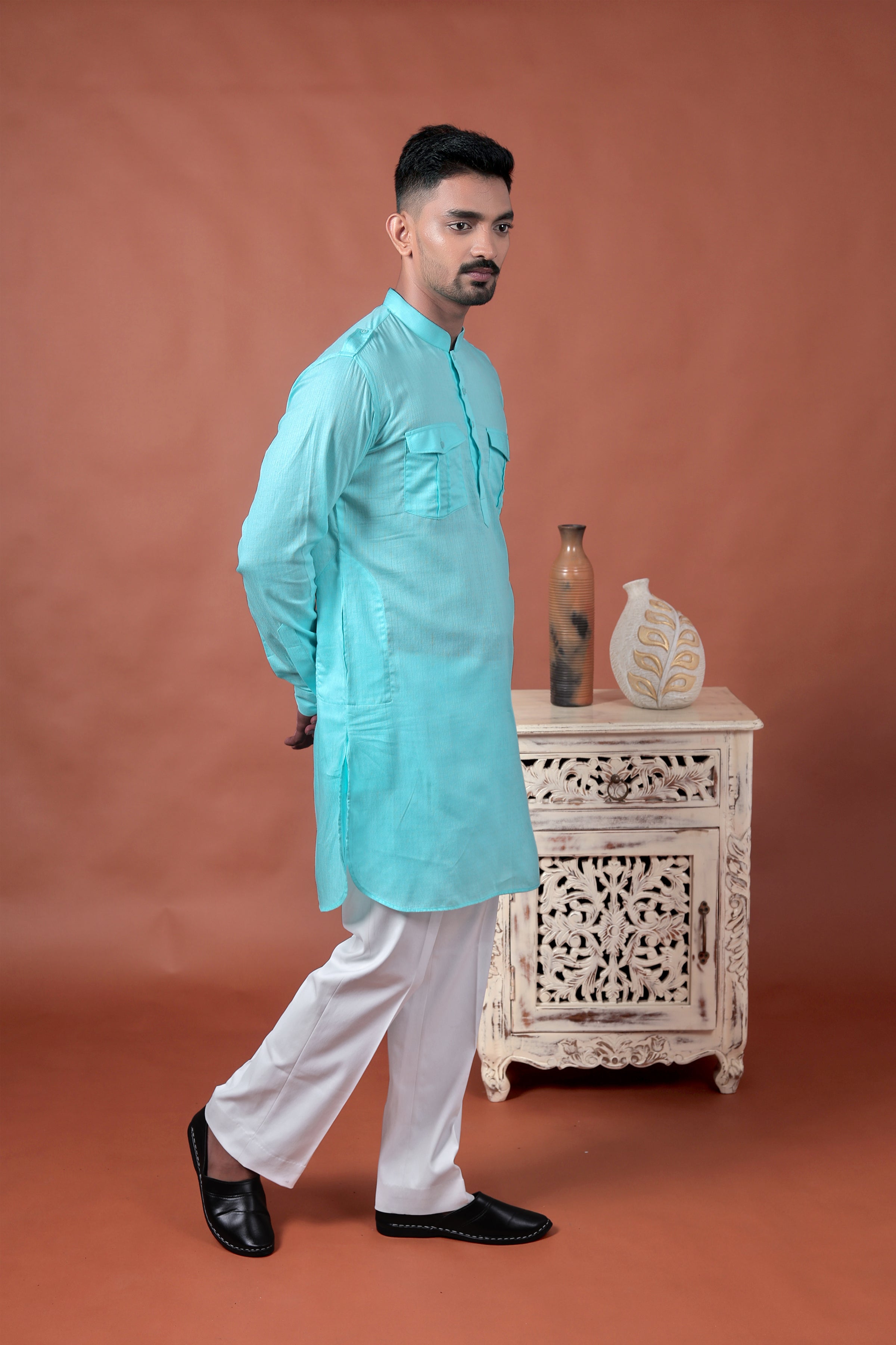 Sky Blue Long Kurta with Flap Pockets & Epaulettes