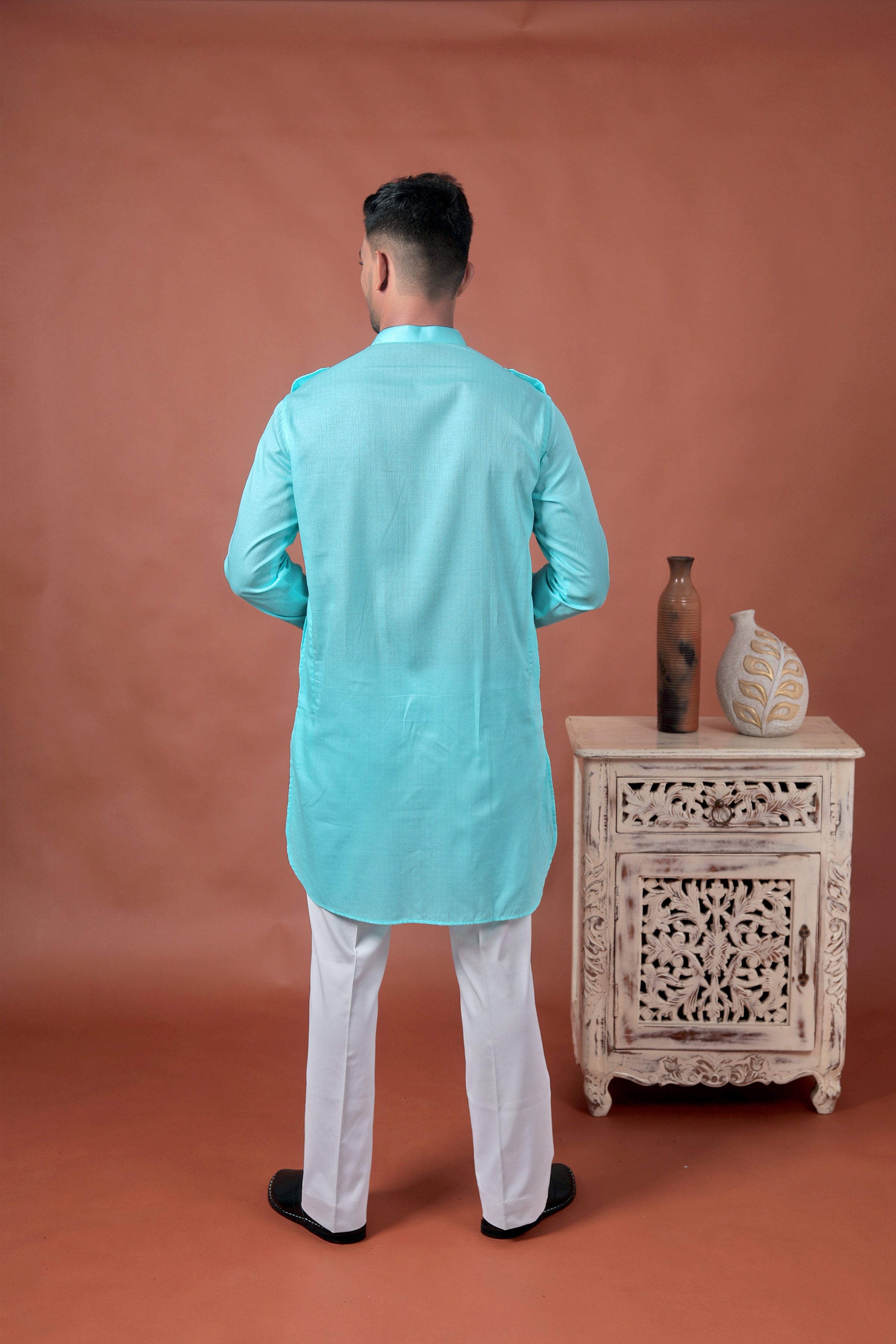 Sky Blue Long Kurta with Flap Pockets & Epaulettes