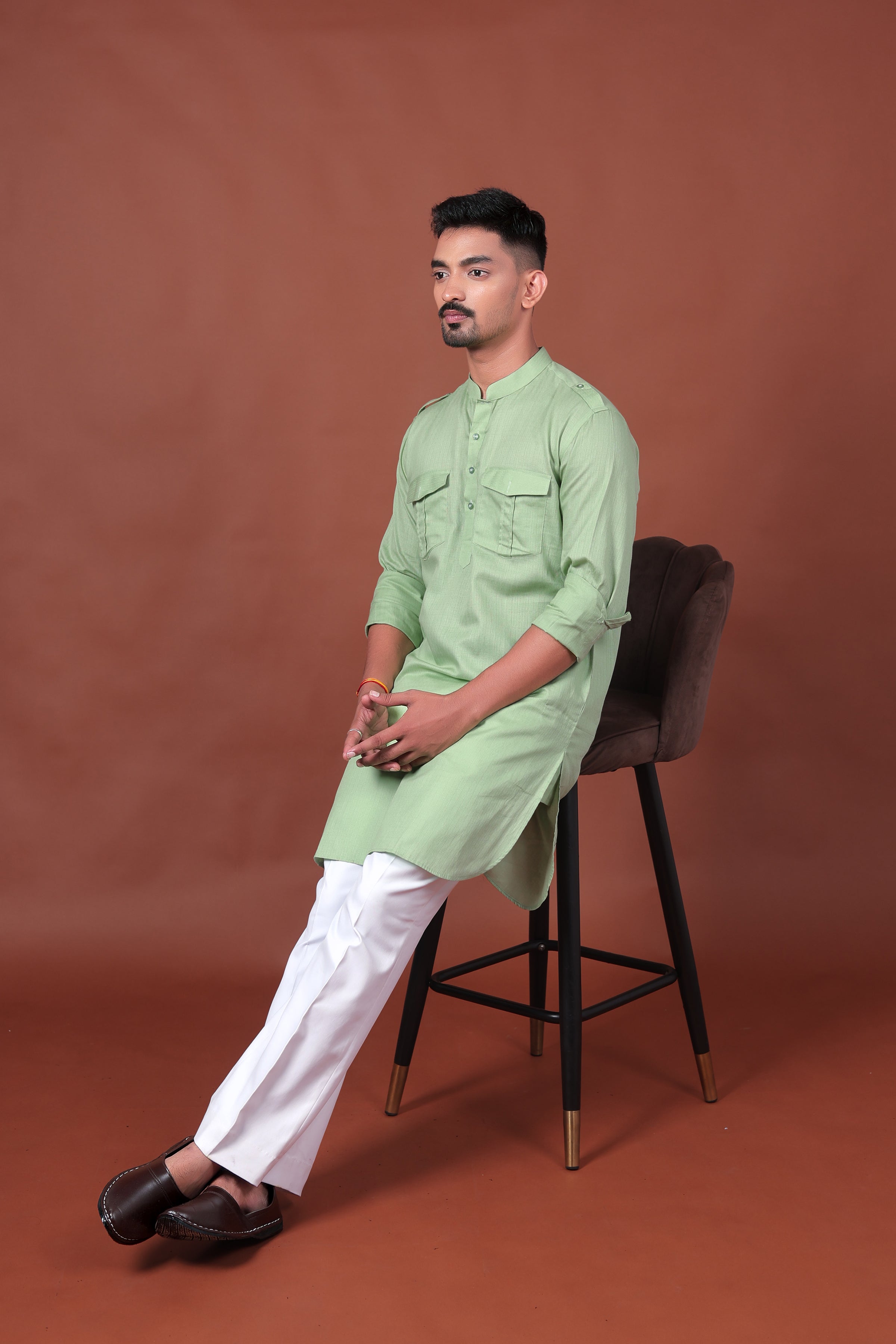 Green Long Kurta with Flap Pockets & Epaulettes