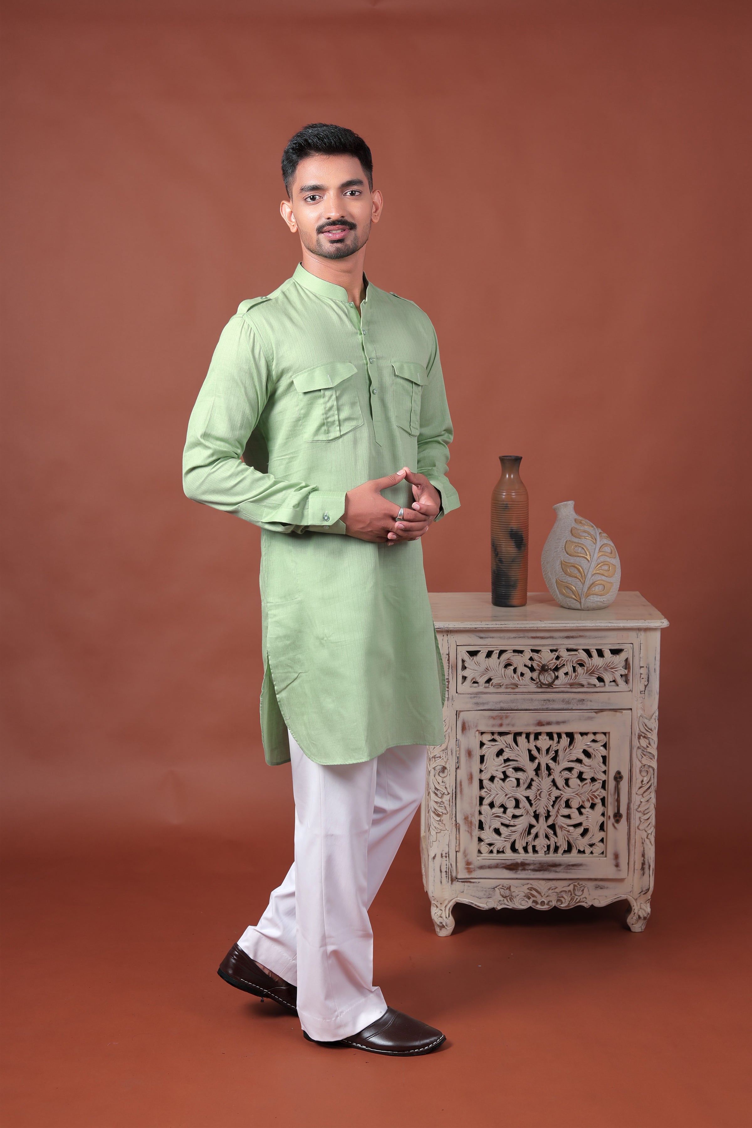 Green Long Kurta with Flap Pockets & Epaulettes