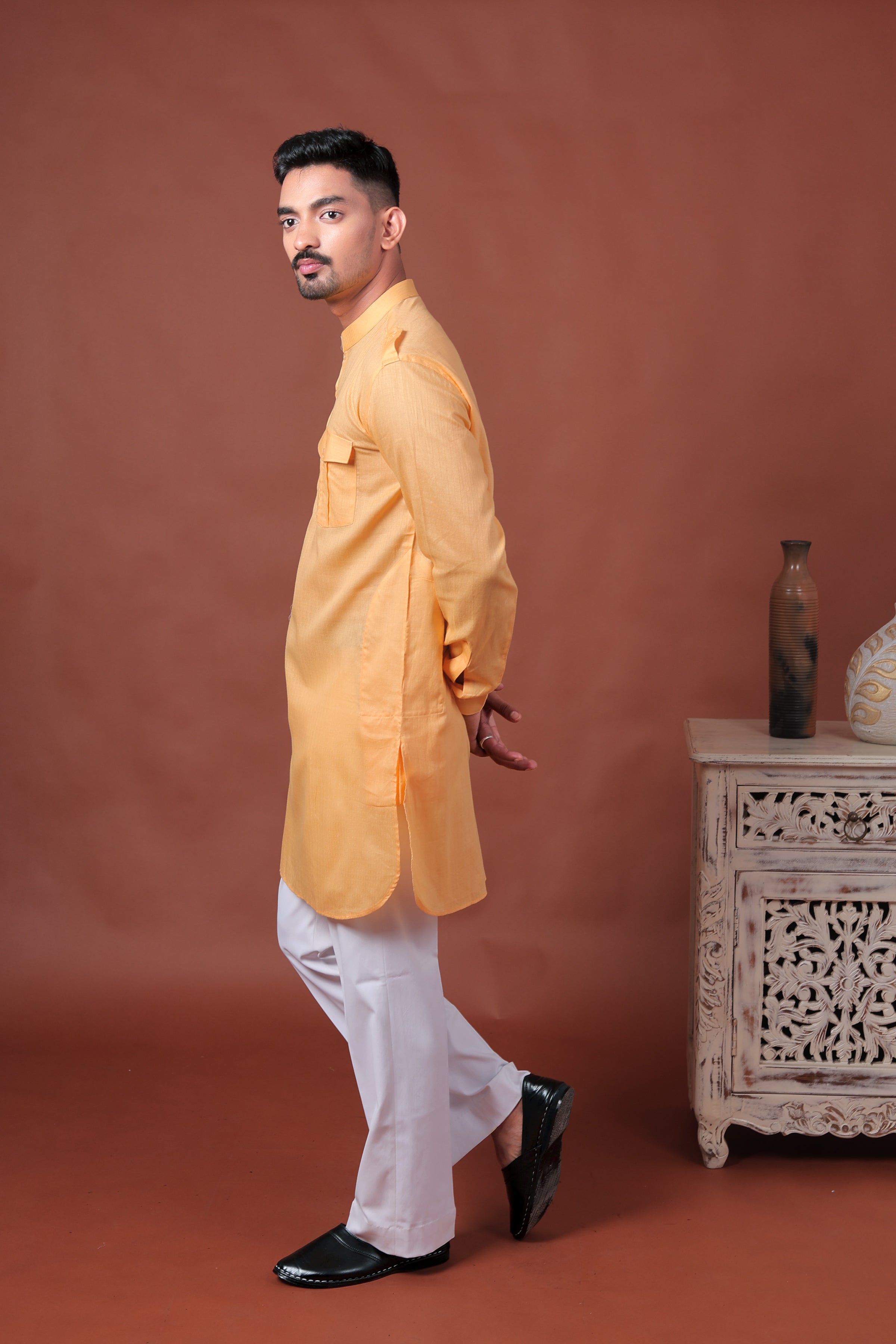 Yellow Long Kurta with Flap Pockets & Epaulettes