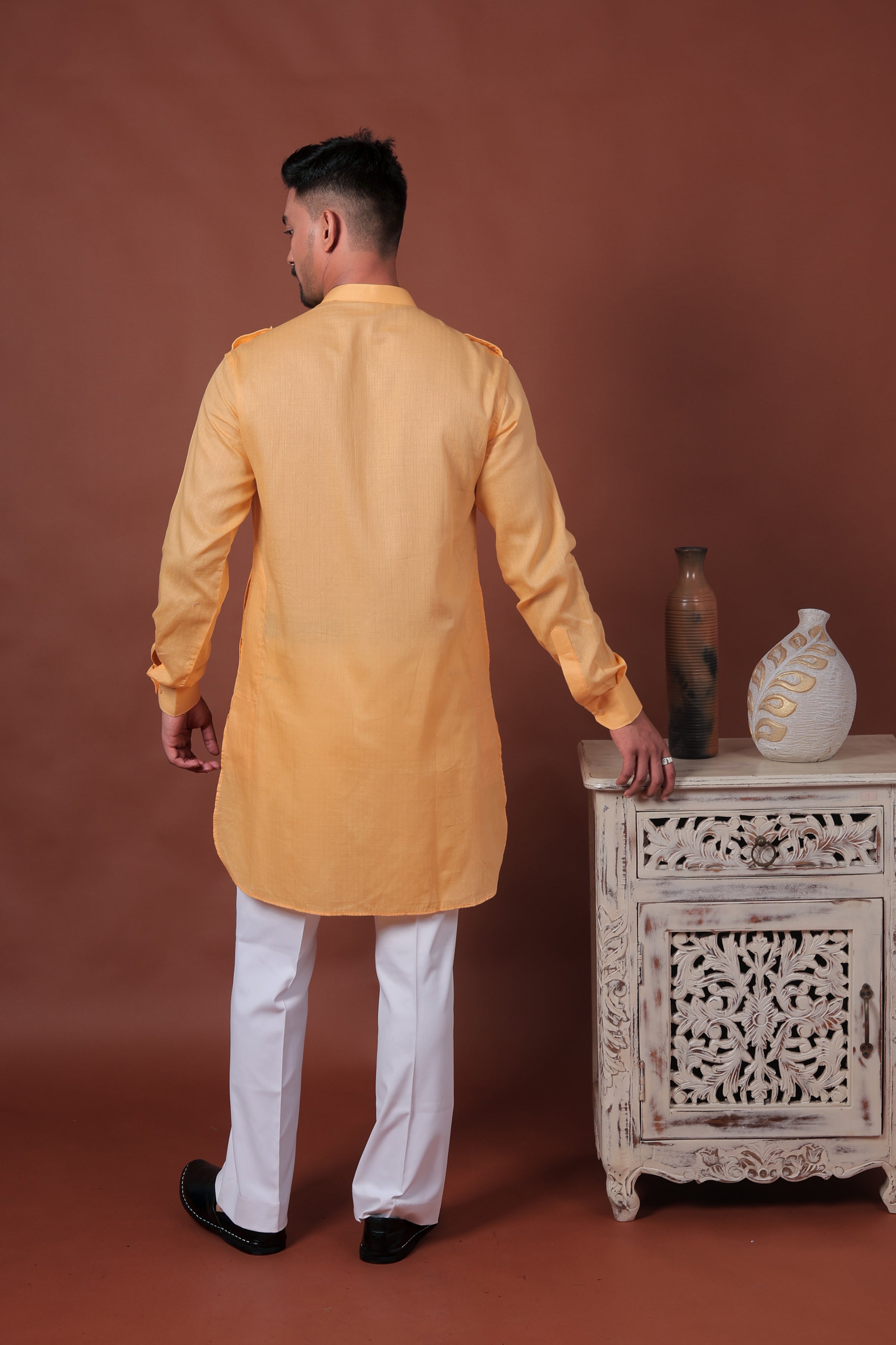 Yellow Long Kurta with Flap Pockets & Epaulettes