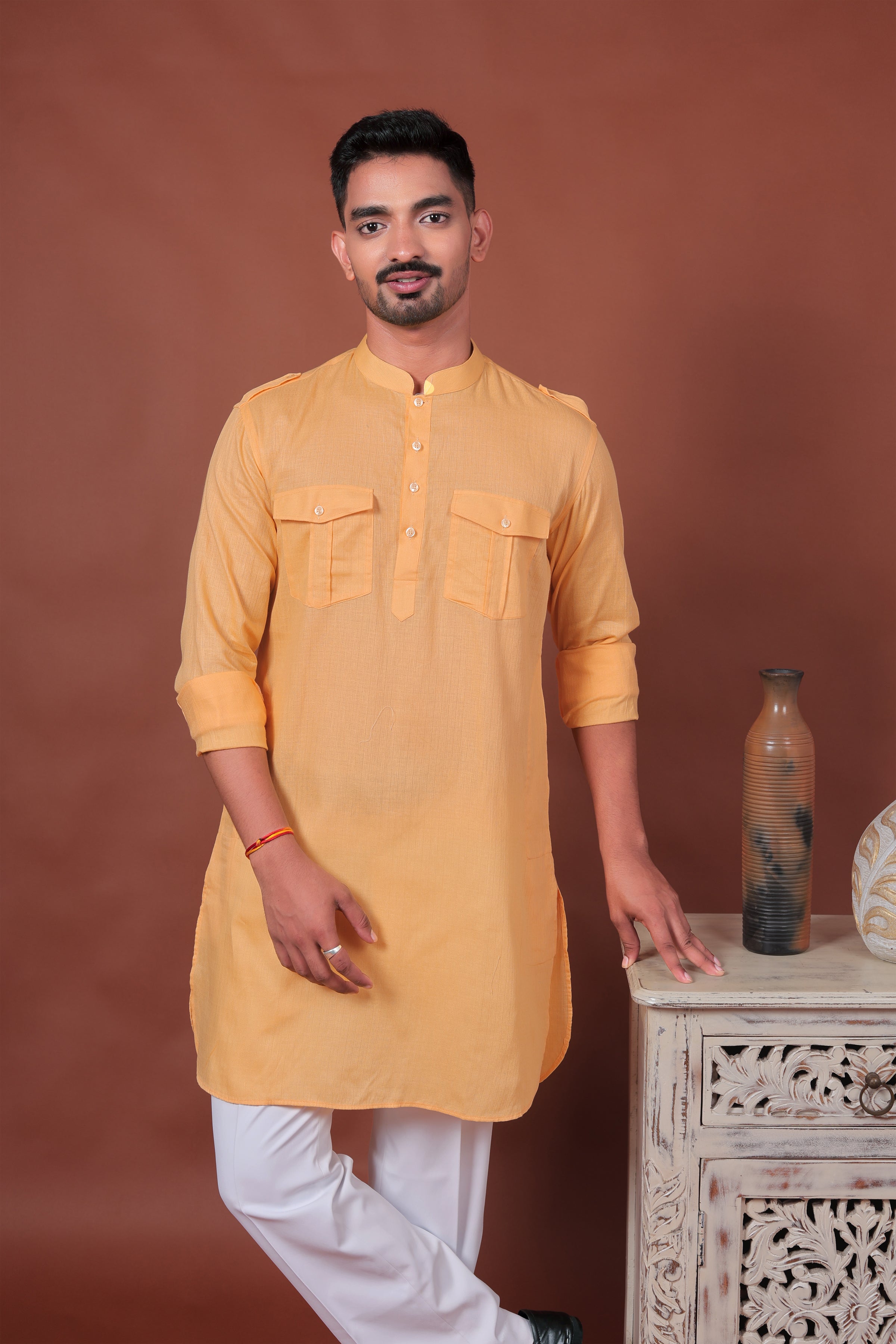 Yellow Long Kurta with Flap Pockets & Epaulettes