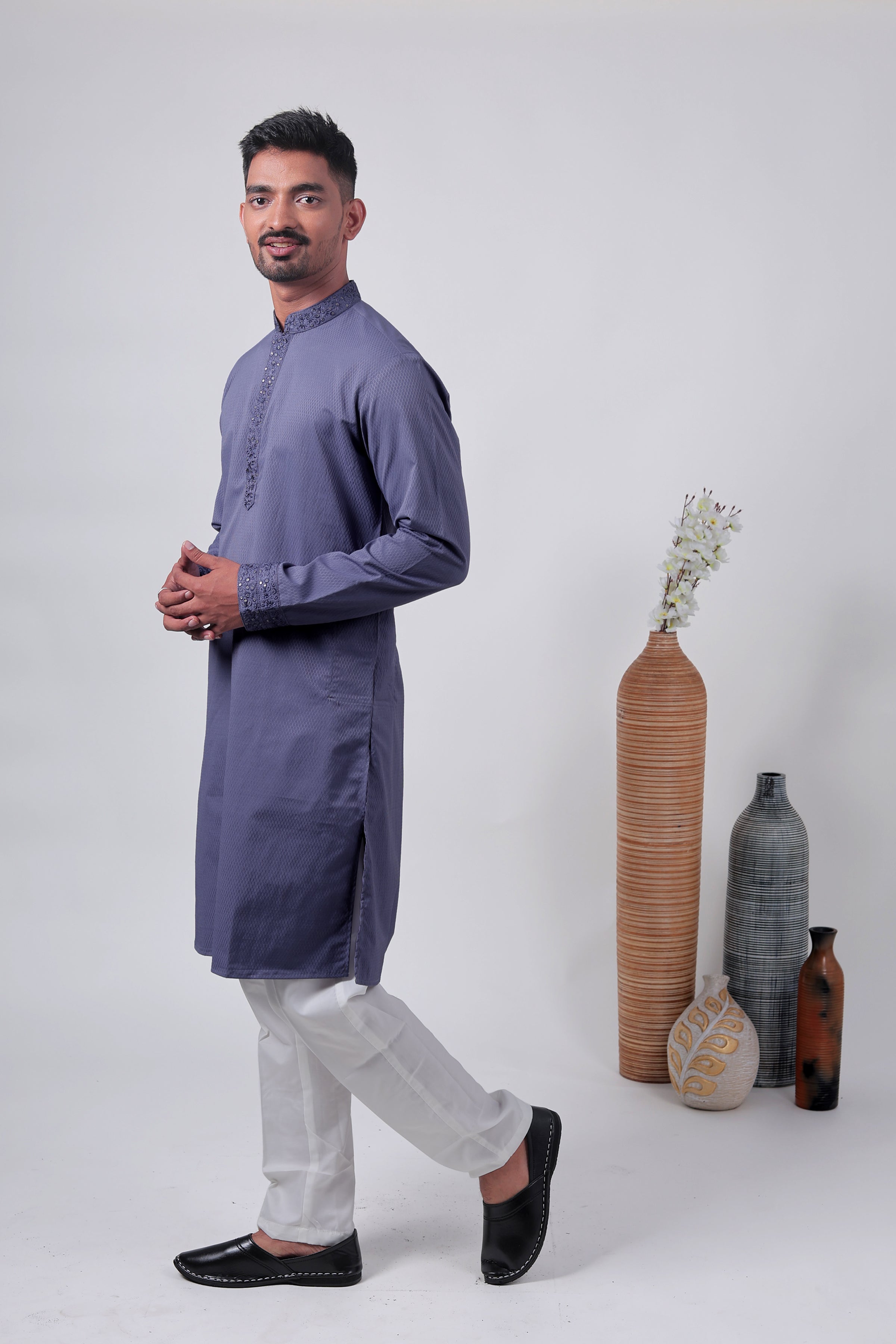 Purple Self-Textured Cotton Silk Long Kurta with Embroidered Detailing