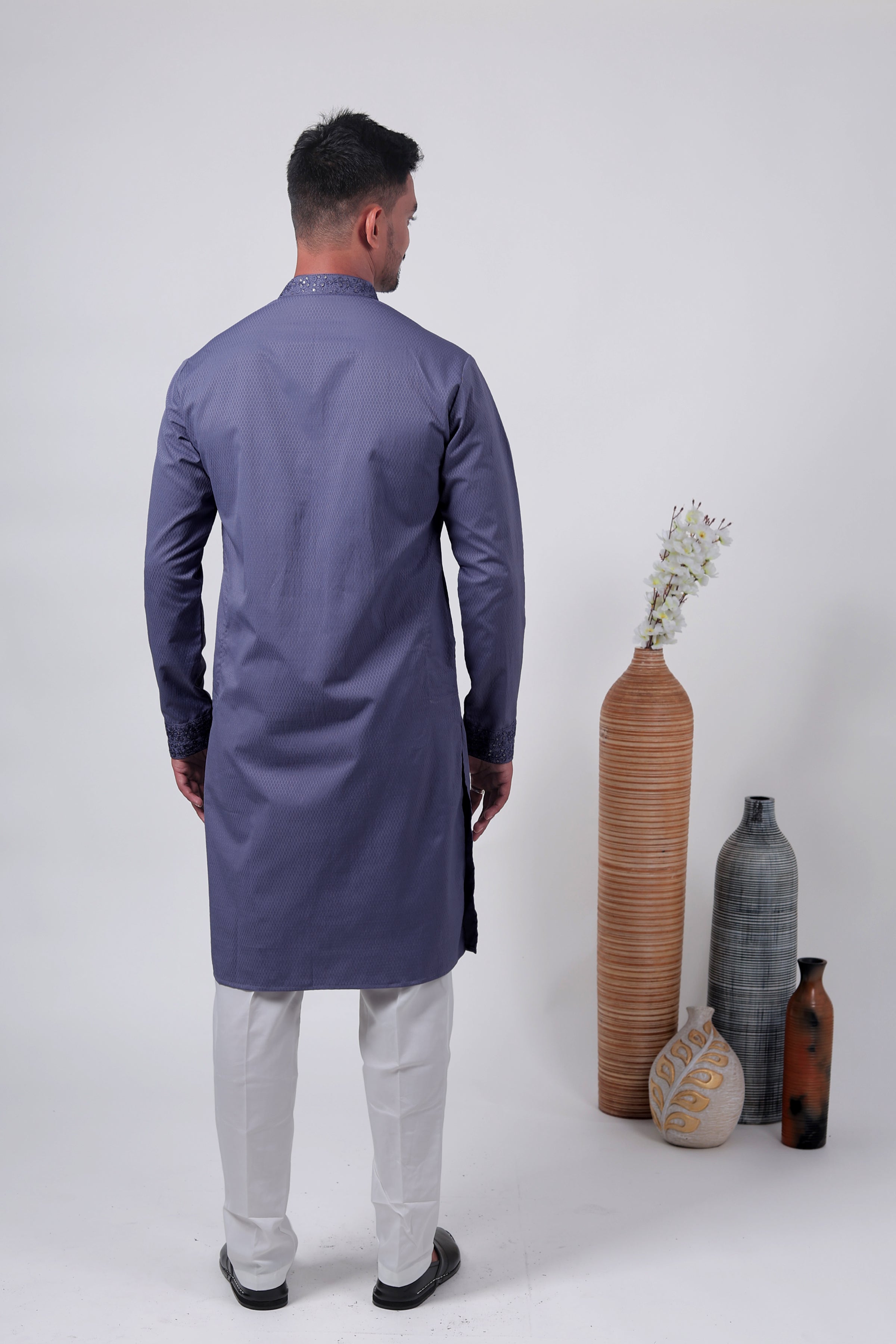 Purple Self-Textured Cotton Silk Long Kurta with Embroidered Detailing