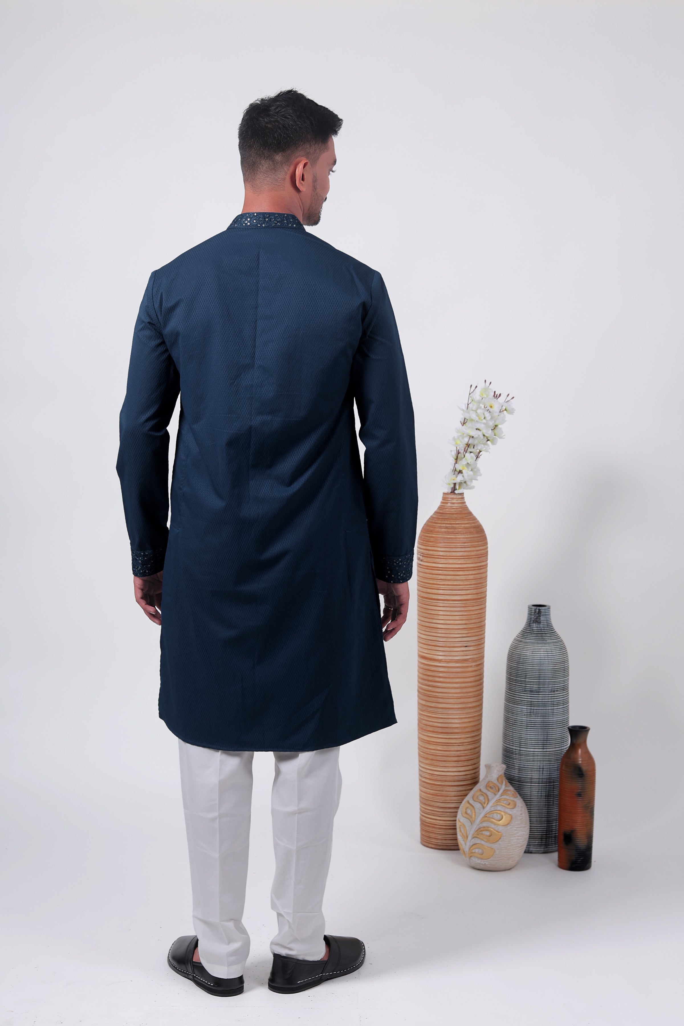 Blue Self-Textured Cotton Silk Long Kurta with Embroidered Details
