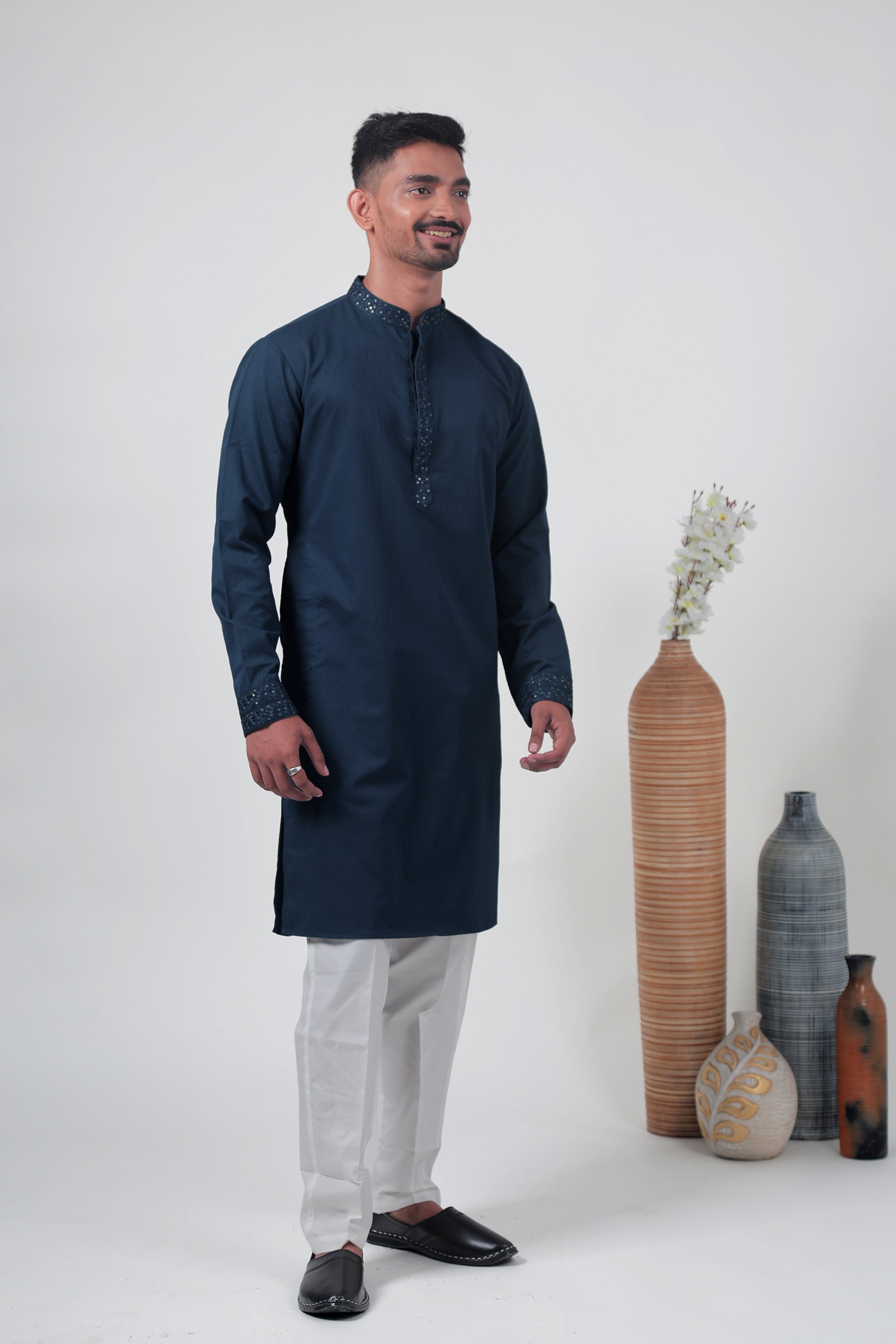 Blue Self-Textured Cotton Silk Long Kurta with Embroidered Details