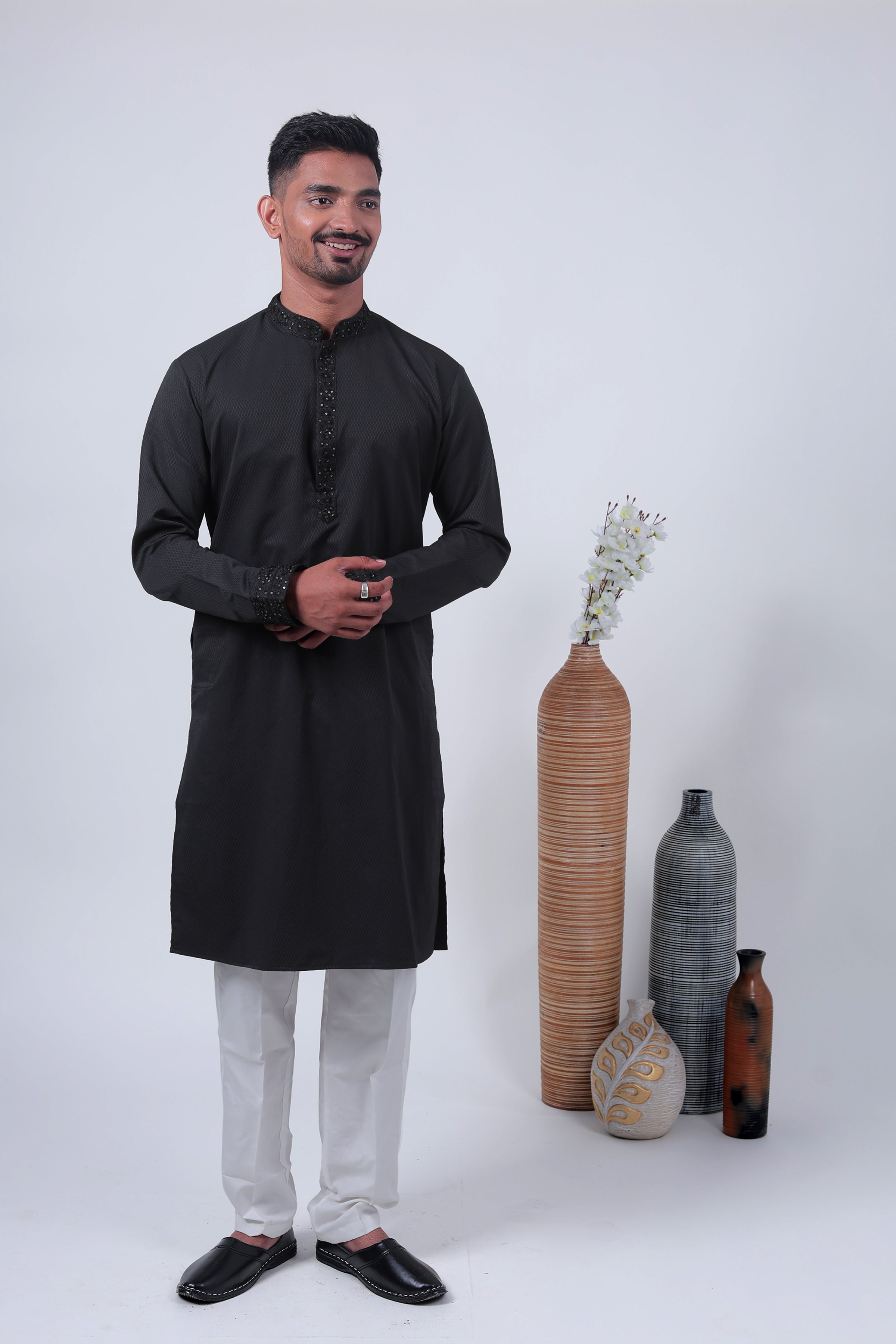 Black Self-Textured Cotton Silk Long Kurta with Embroidered Details