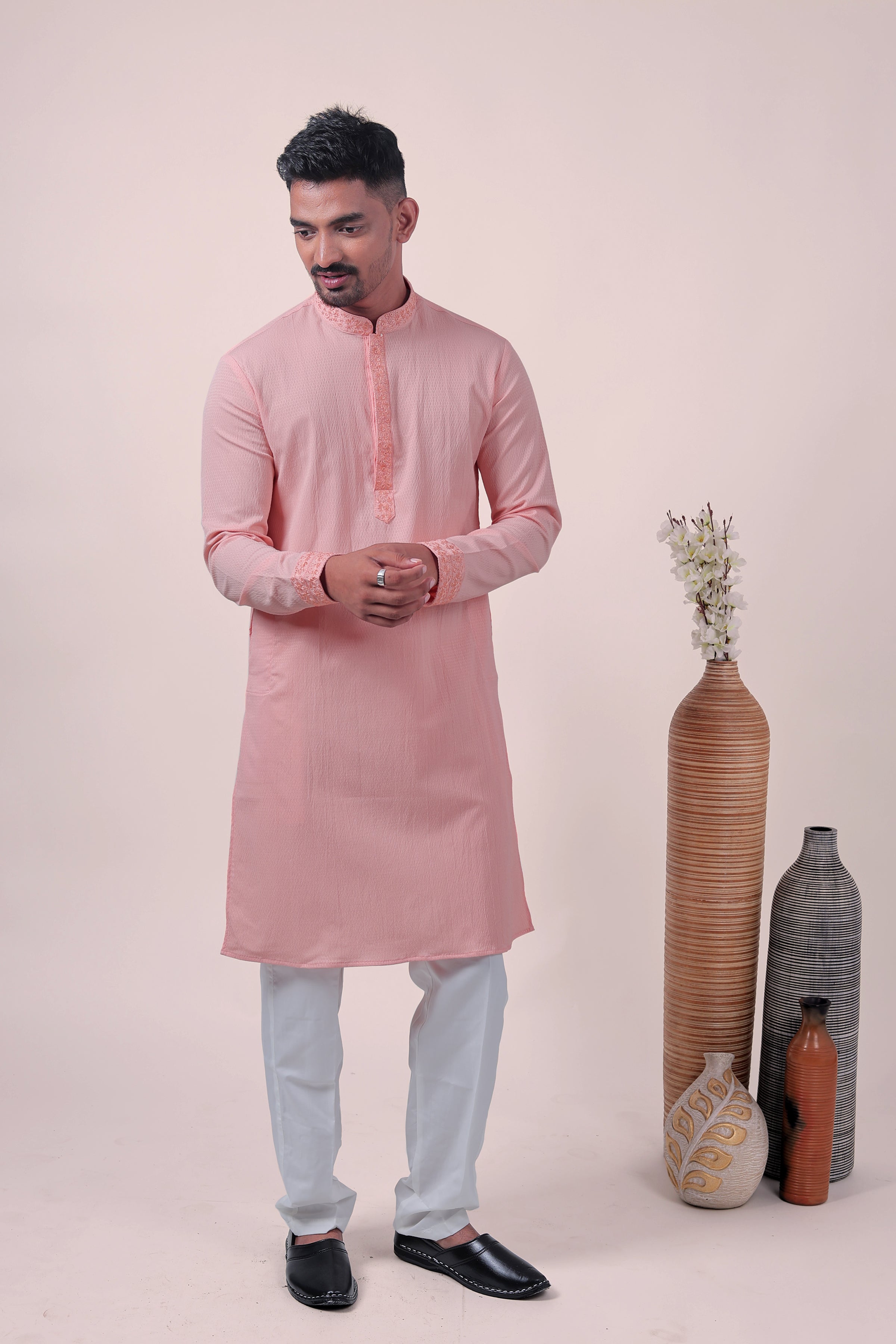 Peach Self-Textured Cotton Silk Long Kurta with Embroidered Detailing