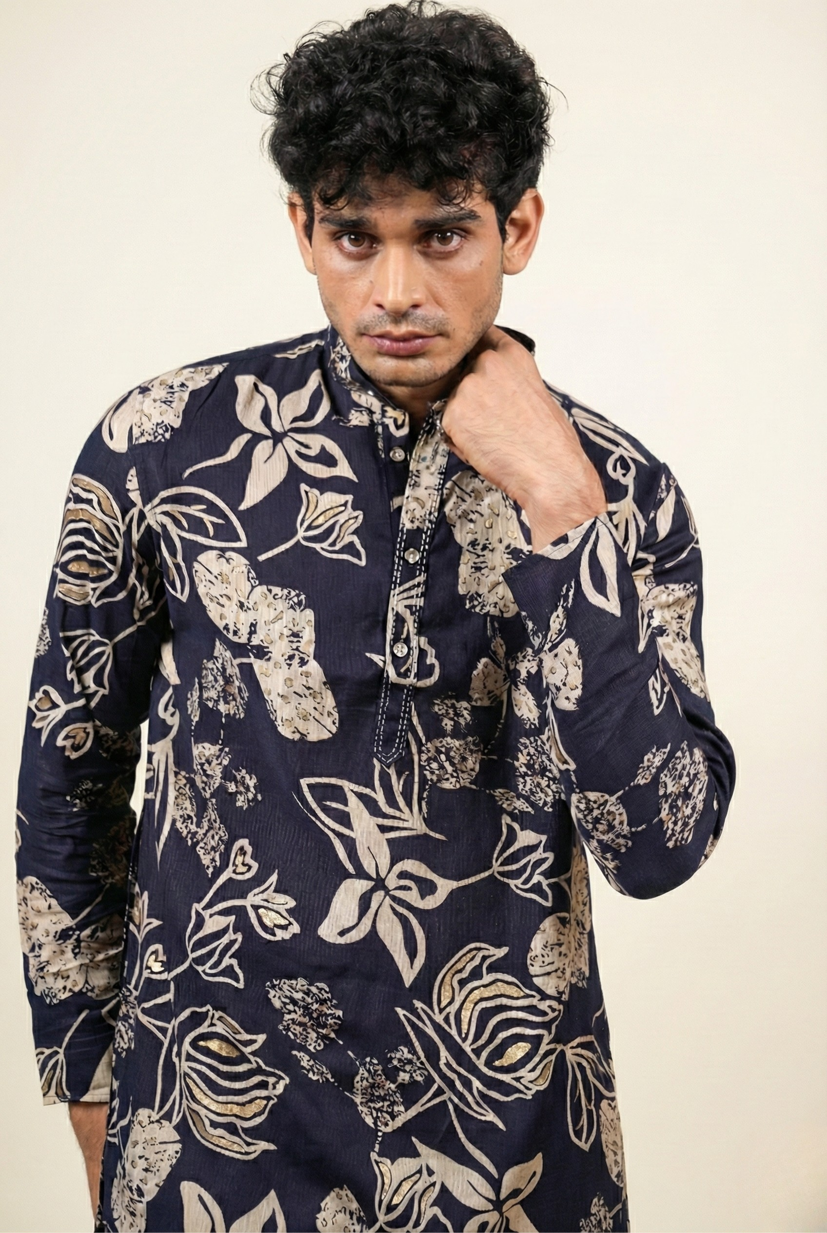 Navy Floral Foil Print Cotton Silk Long Kurta