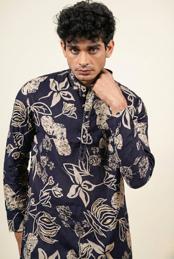 Navy Floral Foil Print Cotton Silk Long Kurta