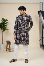 Navy Floral Foil Print Cotton Silk Long Kurta