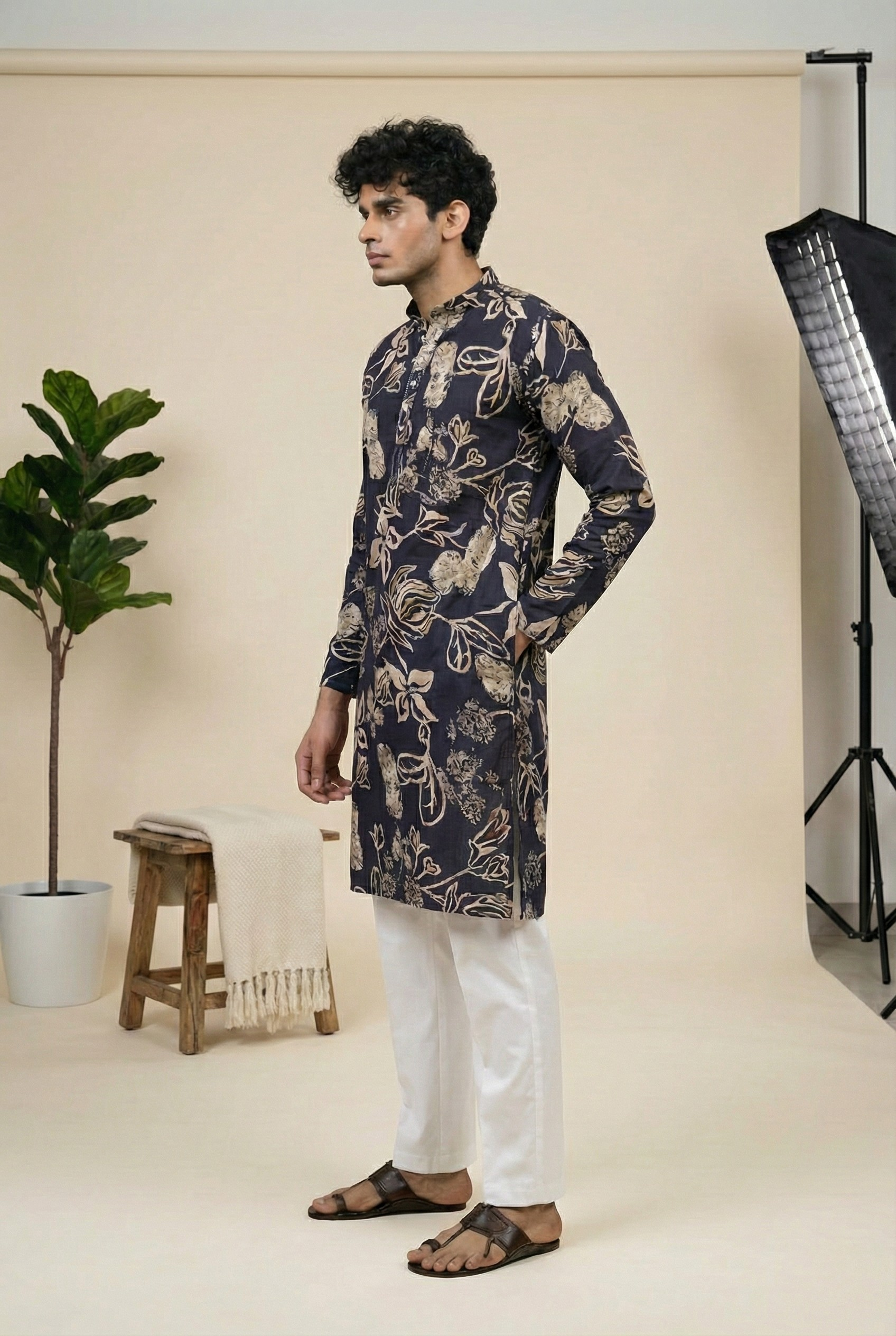 Navy Floral Foil Print Cotton Silk Long Kurta
