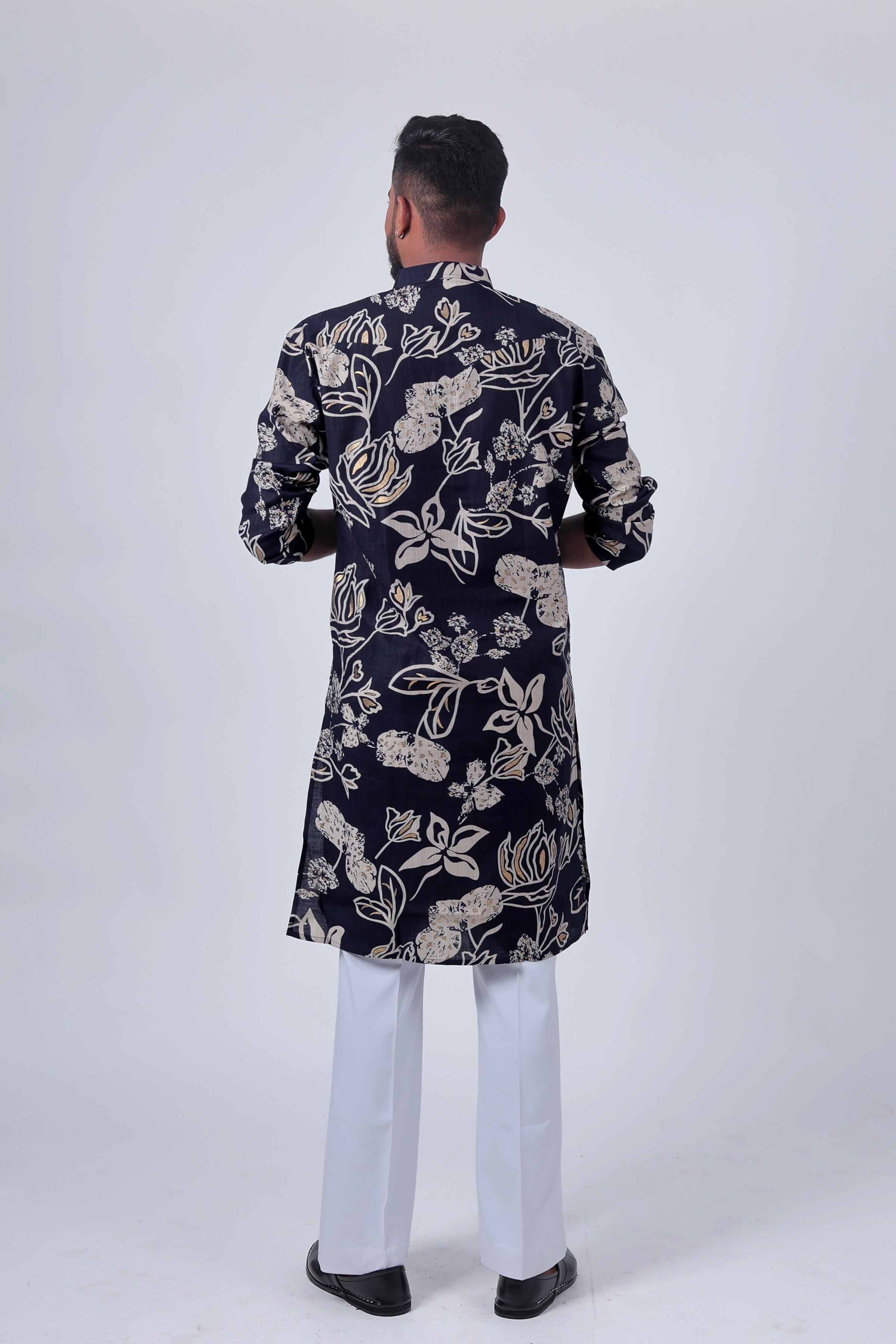 Navy Floral Foil Print Cotton Silk Long Kurta