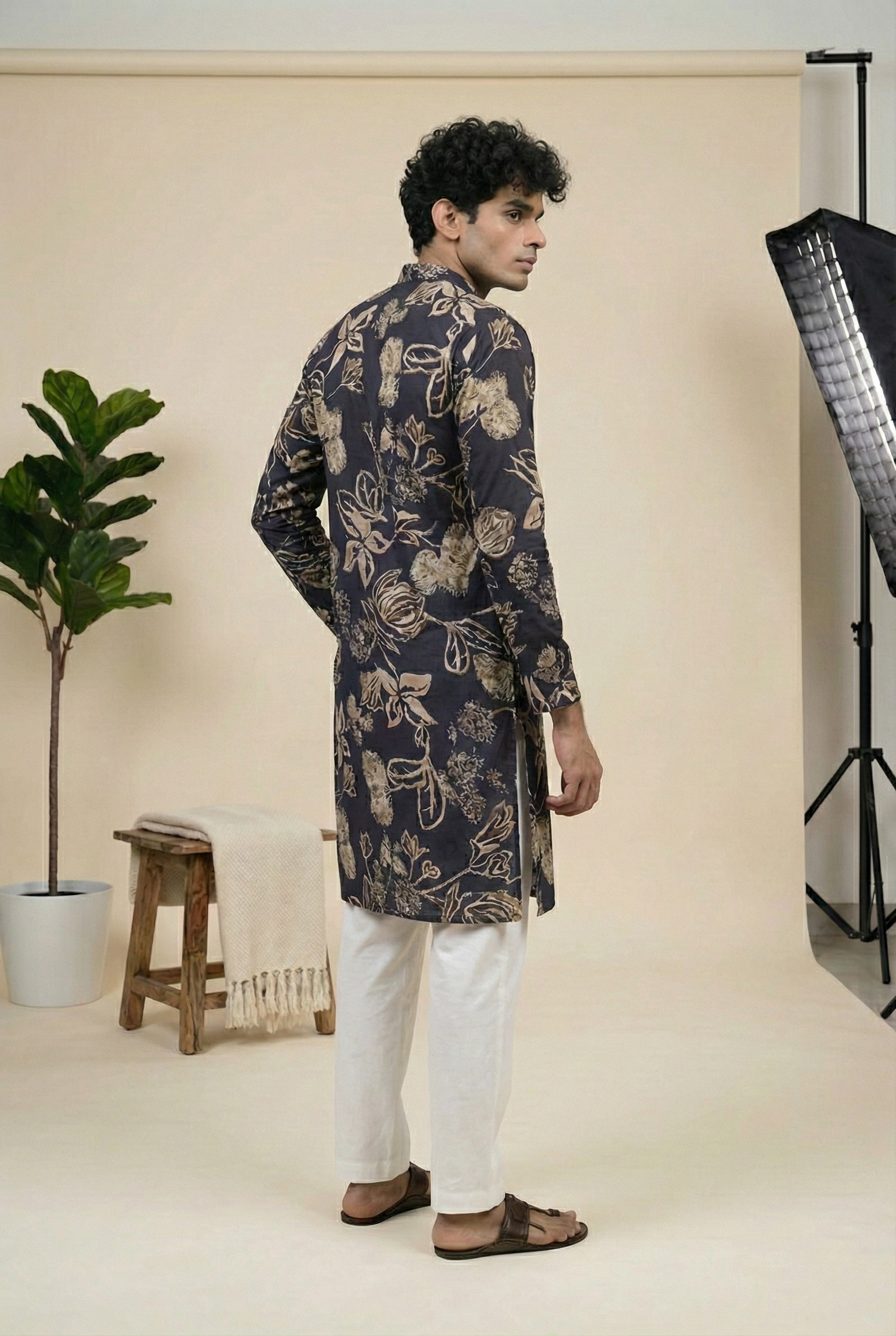 Navy Floral Foil Print Cotton Silk Long Kurta