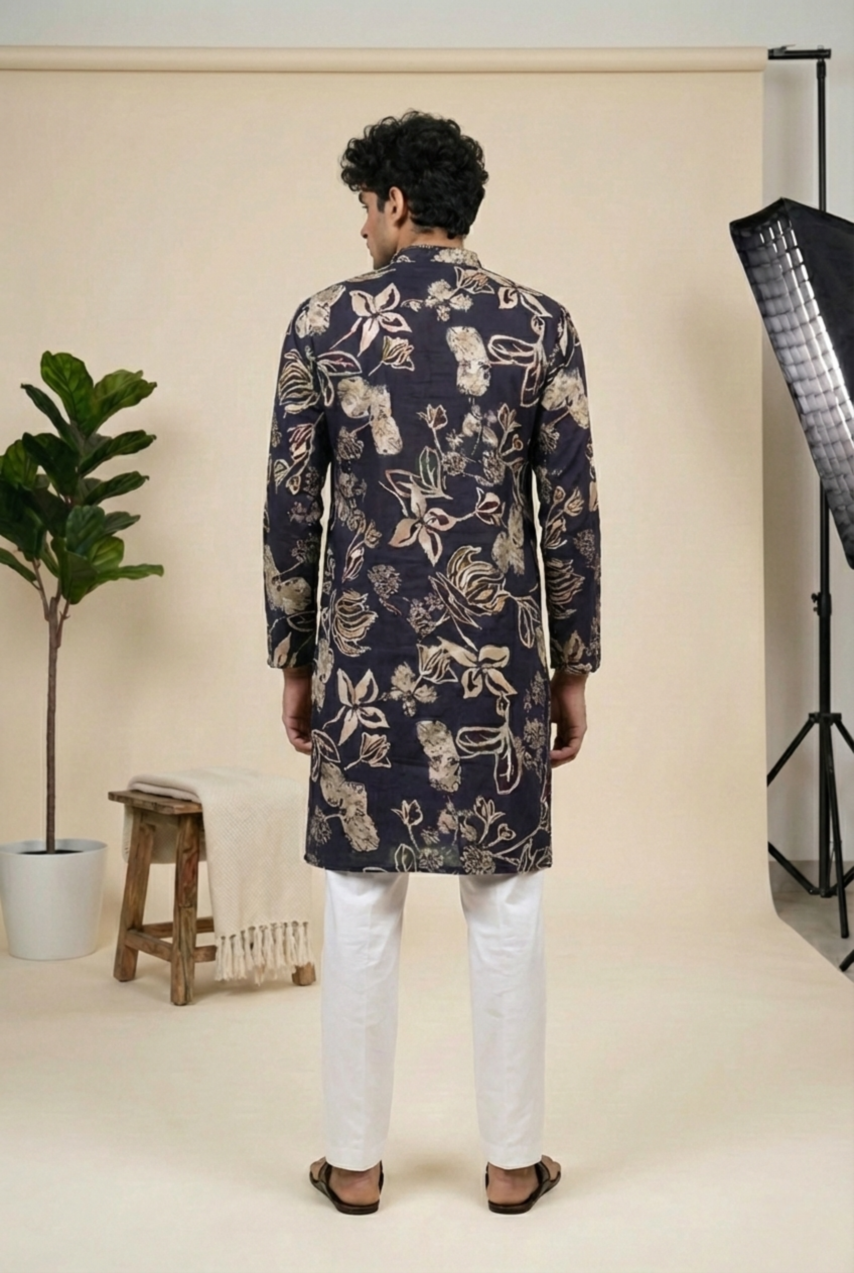 Navy Floral Foil Print Cotton Silk Long Kurta