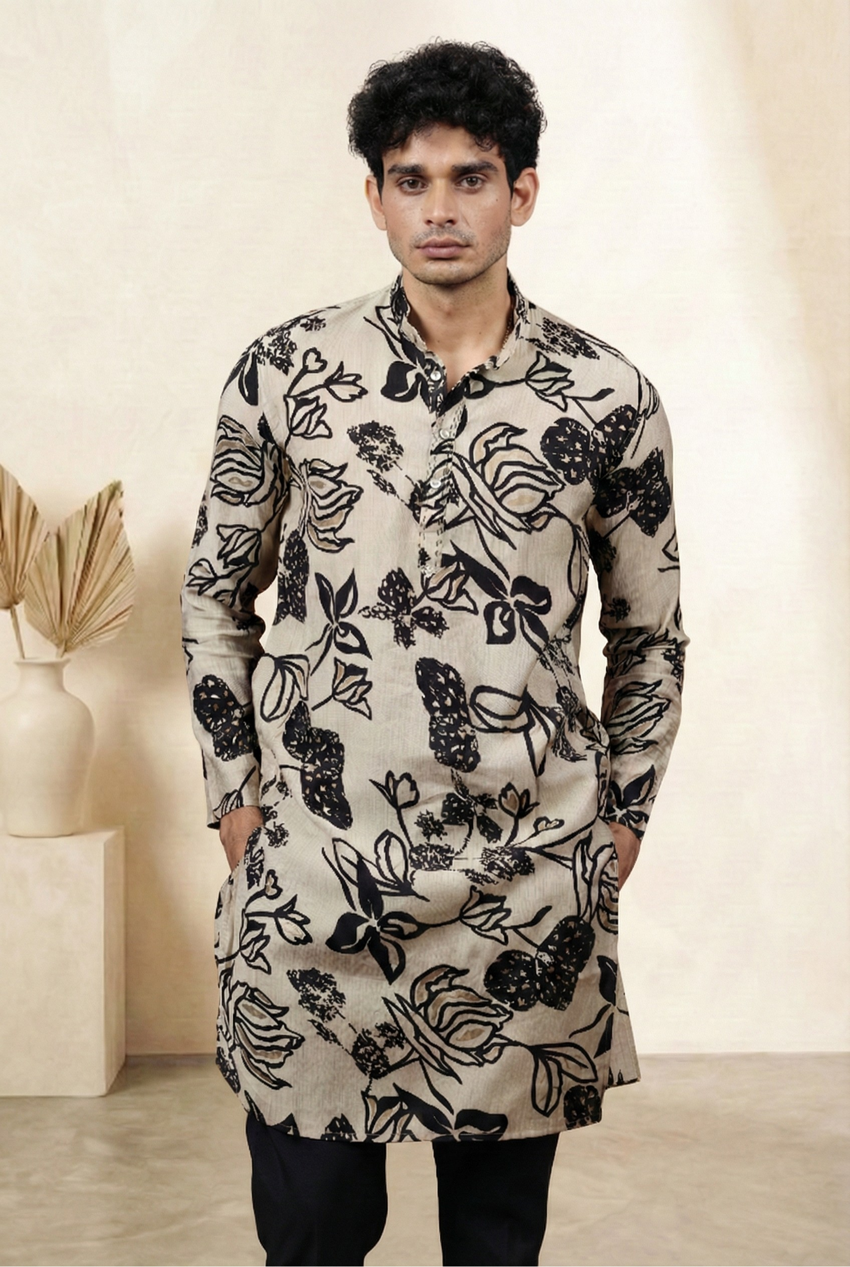 Cream Floral Foil Print Cotton Silk Long Kurta