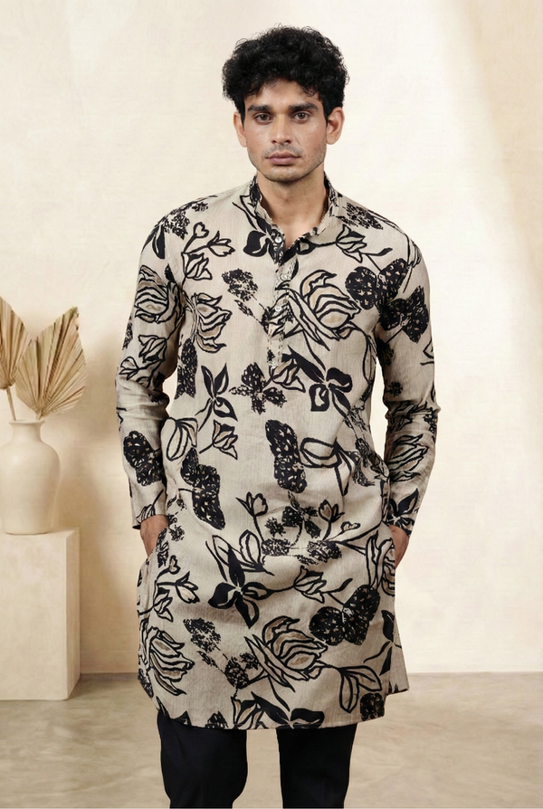Cream Floral Foil Print Cotton Silk Long Kurta