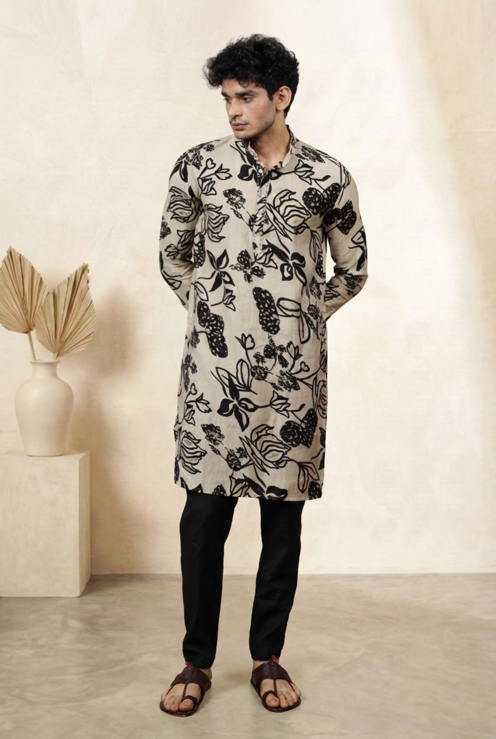 Cream Floral Foil Print Cotton Silk Long Kurta