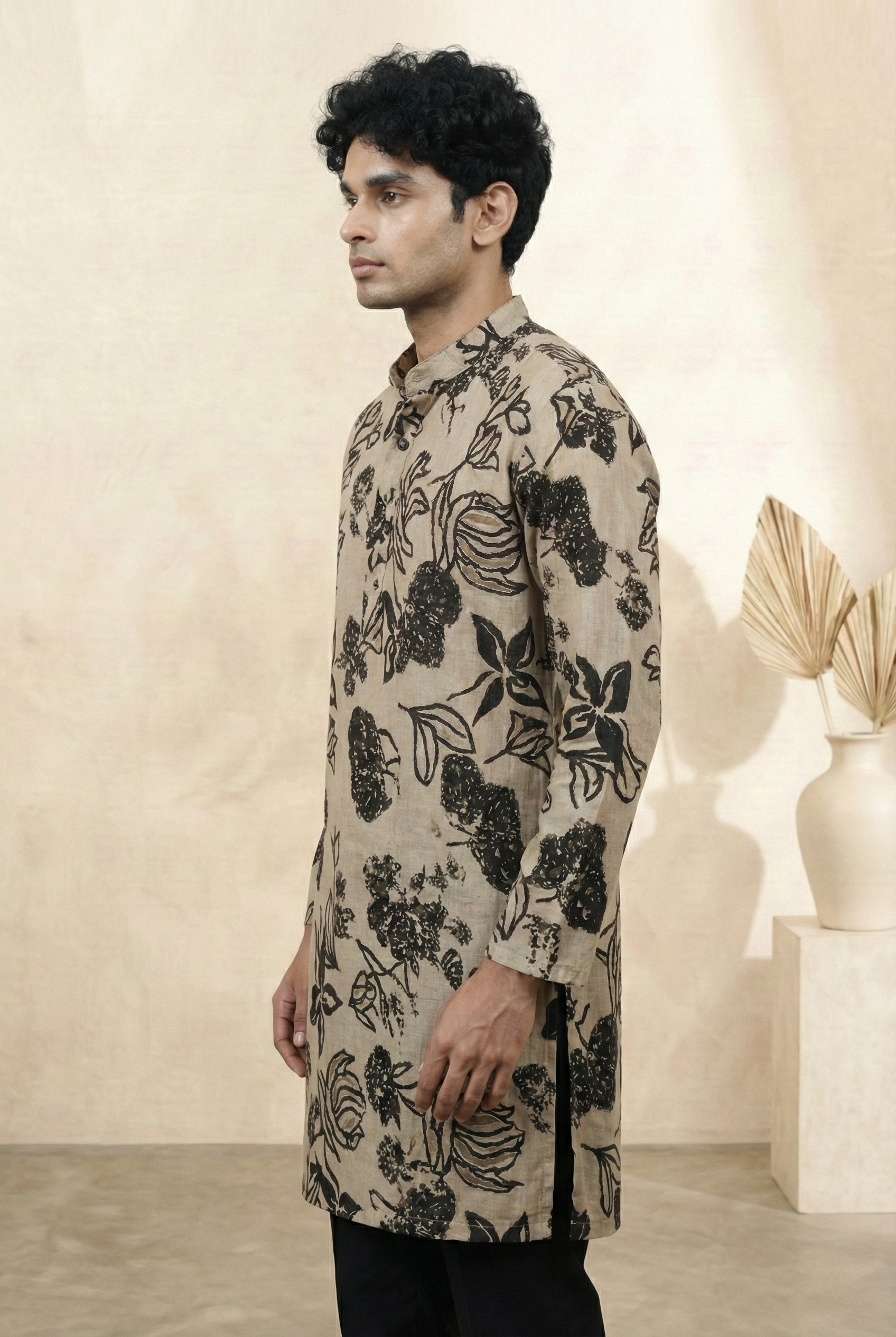 Cream Floral Foil Print Cotton Silk Long Kurta