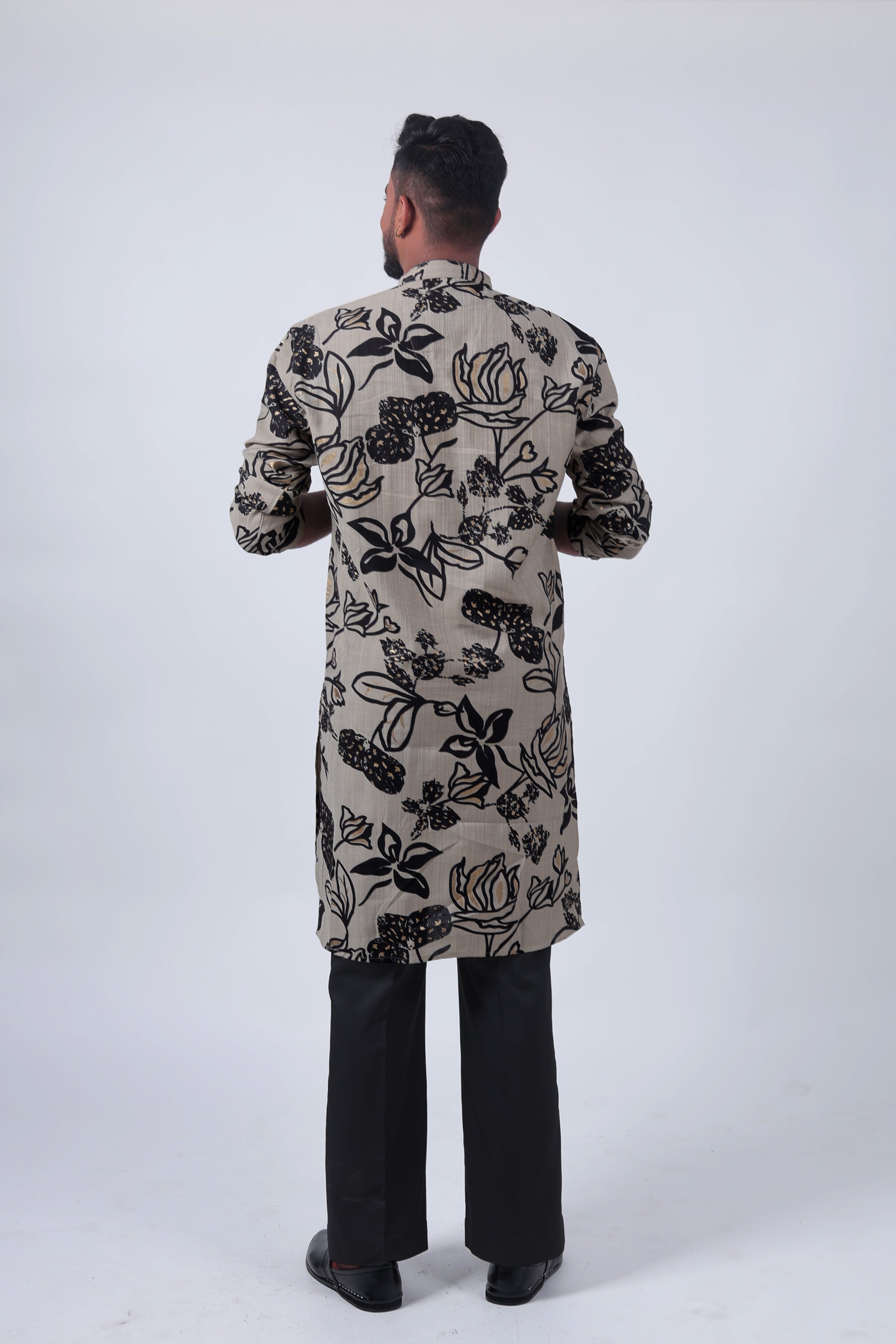 Cream Floral Foil Print Cotton Silk Long Kurta