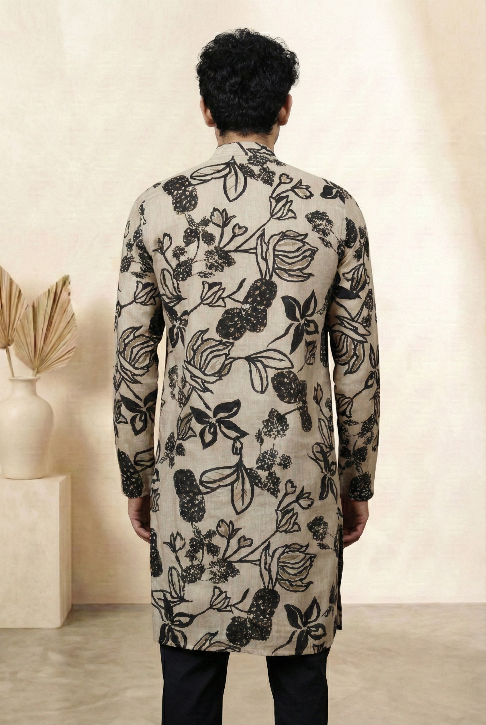 Cream Floral Foil Print Cotton Silk Long Kurta