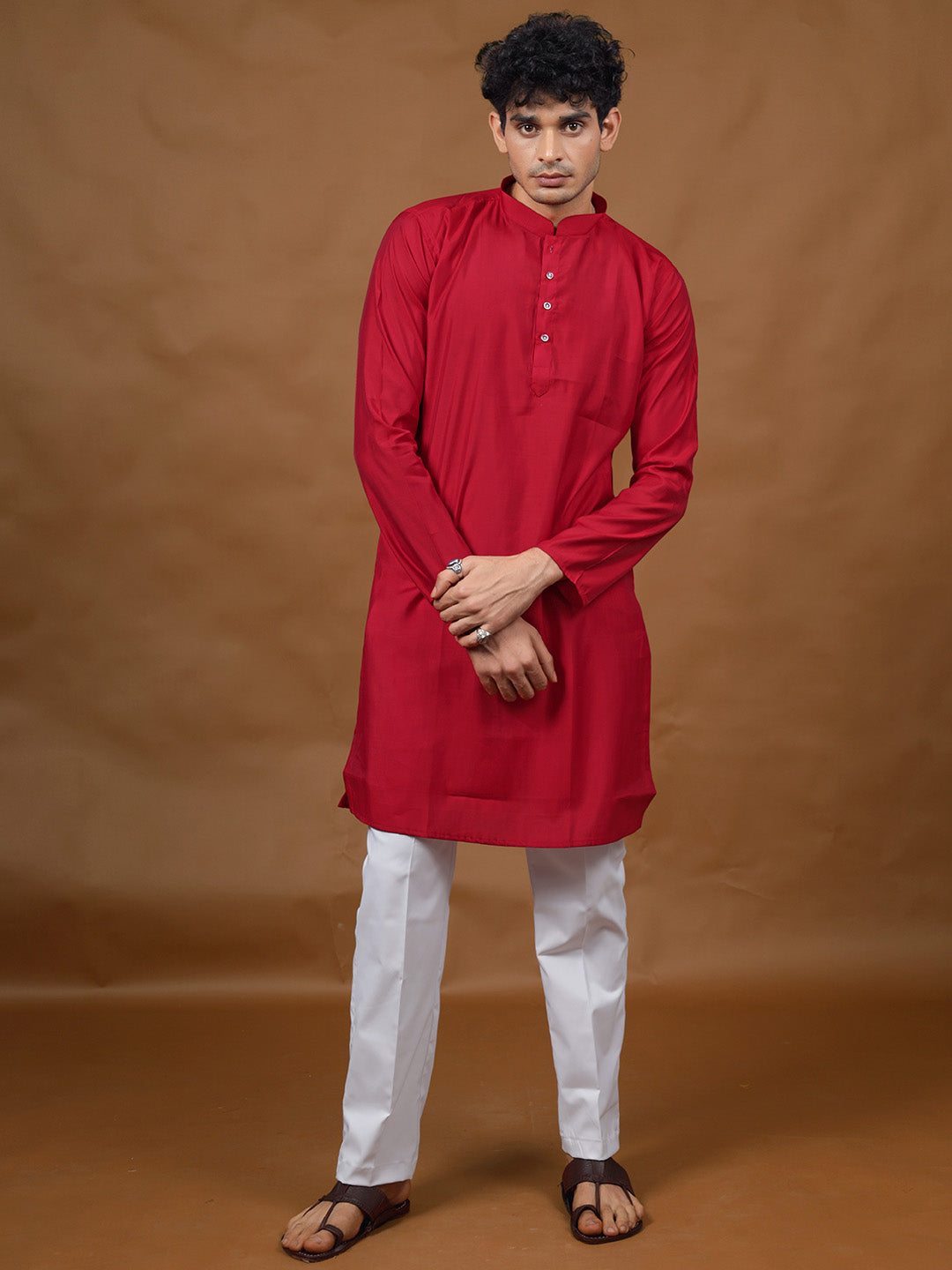 Red Silk Kurta – Mandarin Collar
