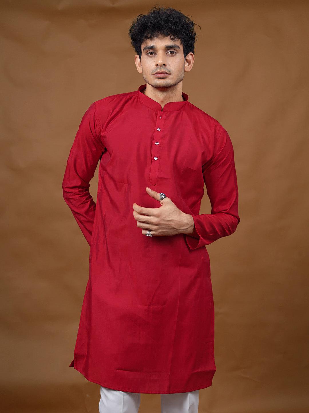 Red Silk Kurta – Mandarin Collar