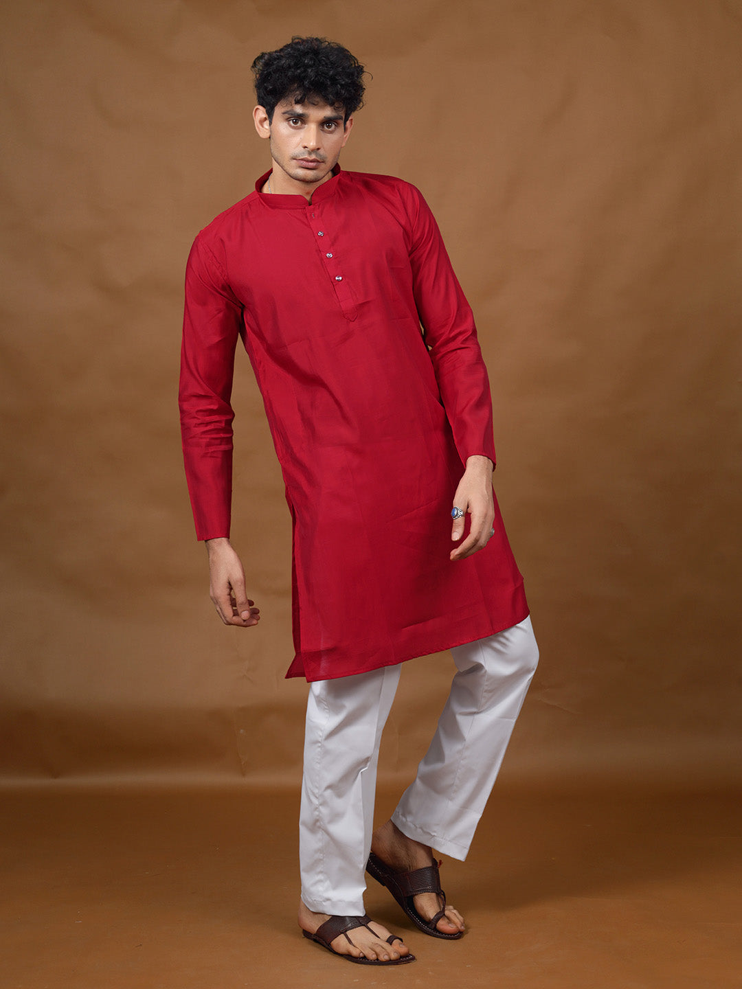 Red Silk Kurta – Mandarin Collar