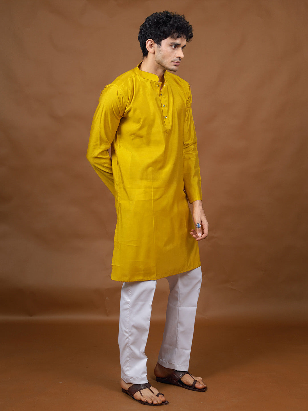 Mustard Silk Kurta – Mandarin Collar