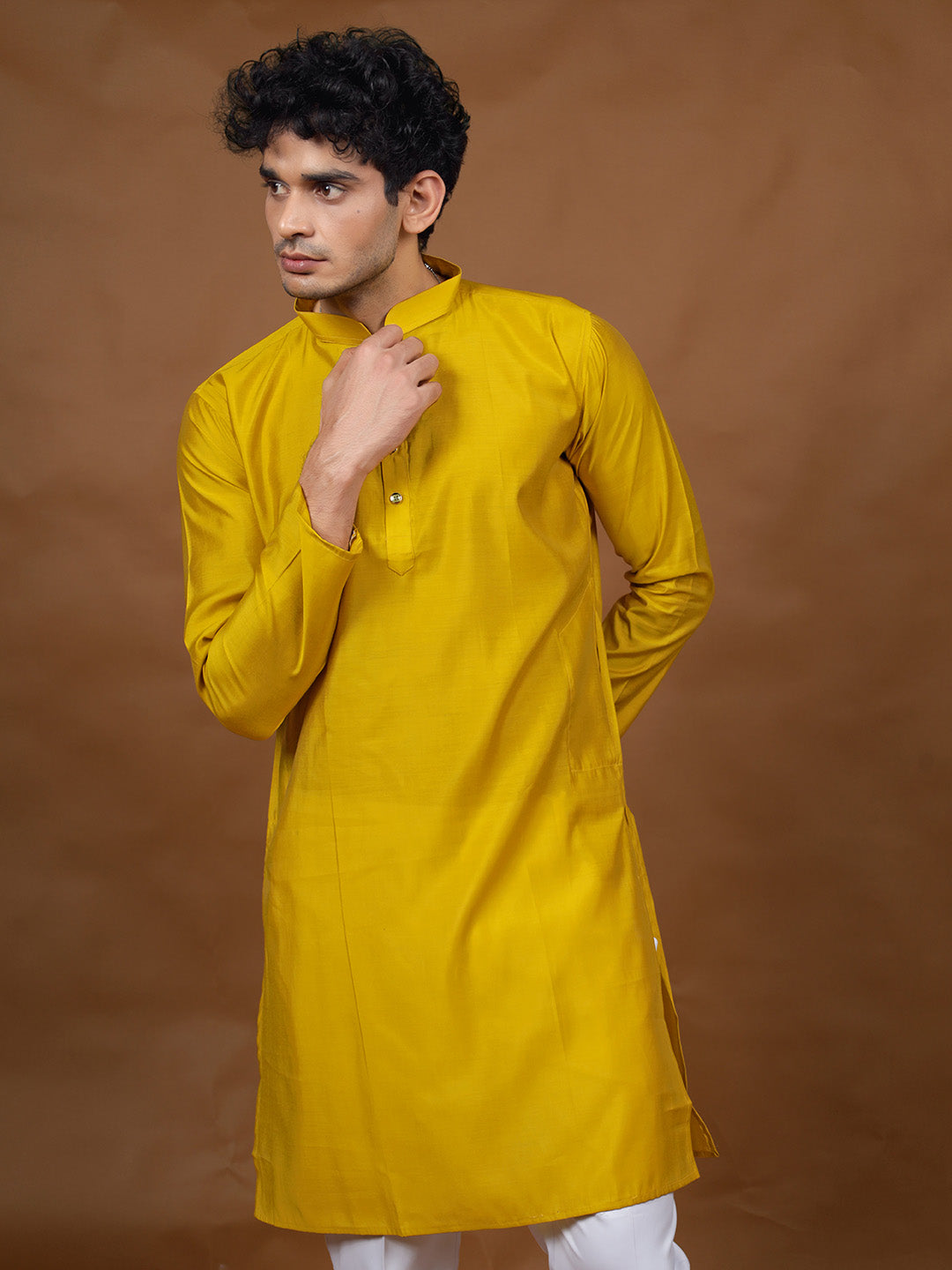 Mustard Silk Kurta – Mandarin Collar