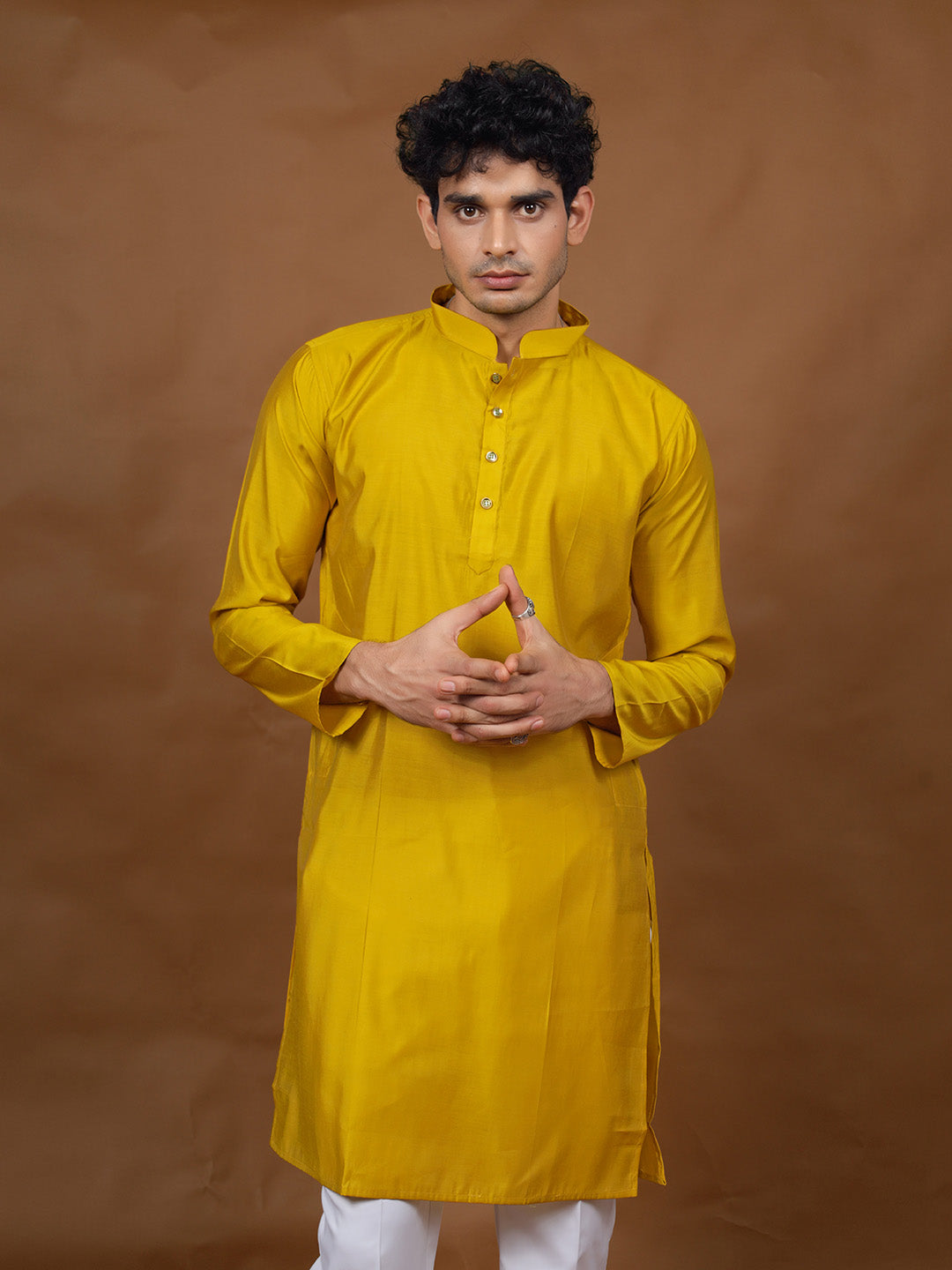 Mustard Silk Kurta – Mandarin Collar