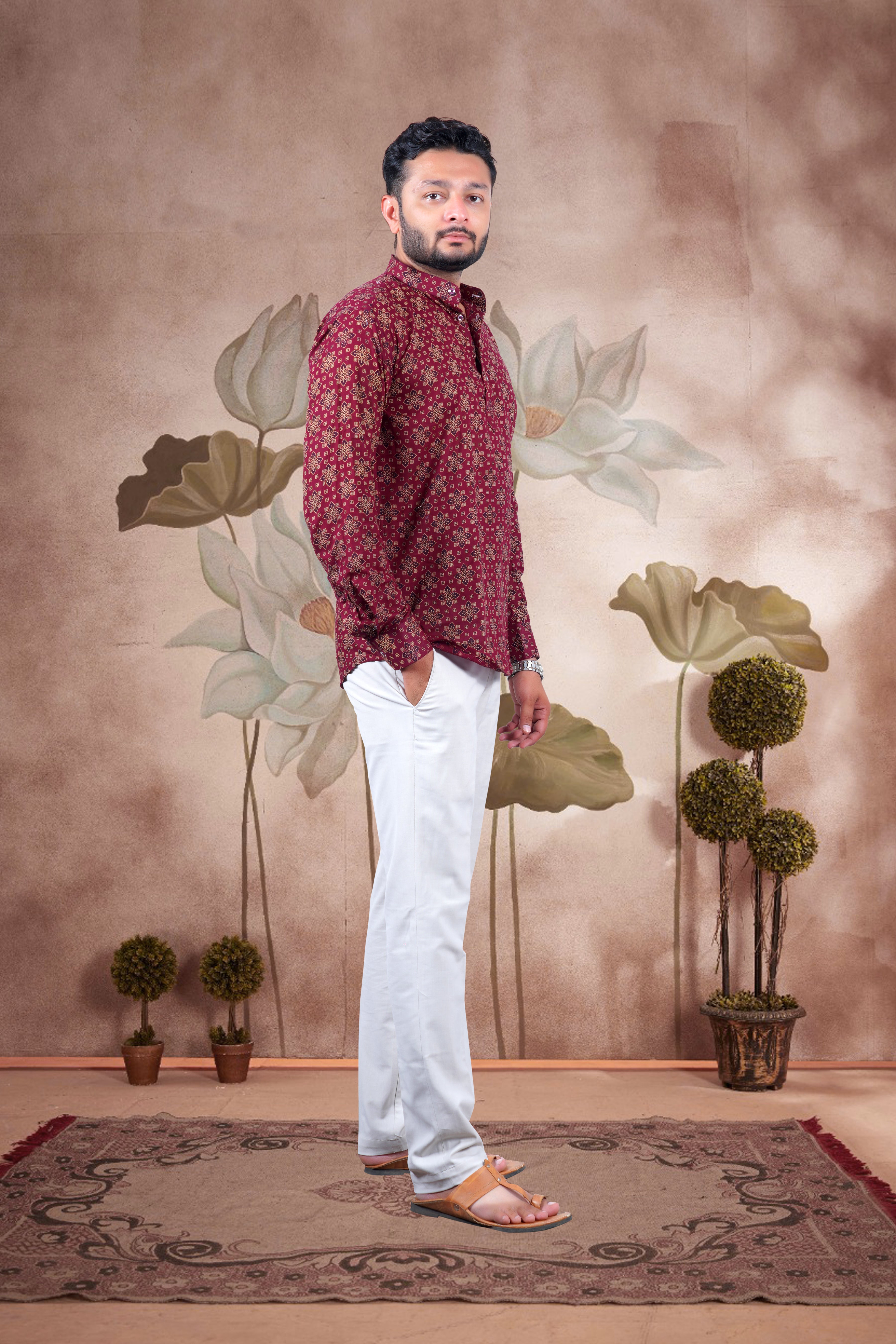 Maroon Ajrakh Digital Print Cotton Short Kurta