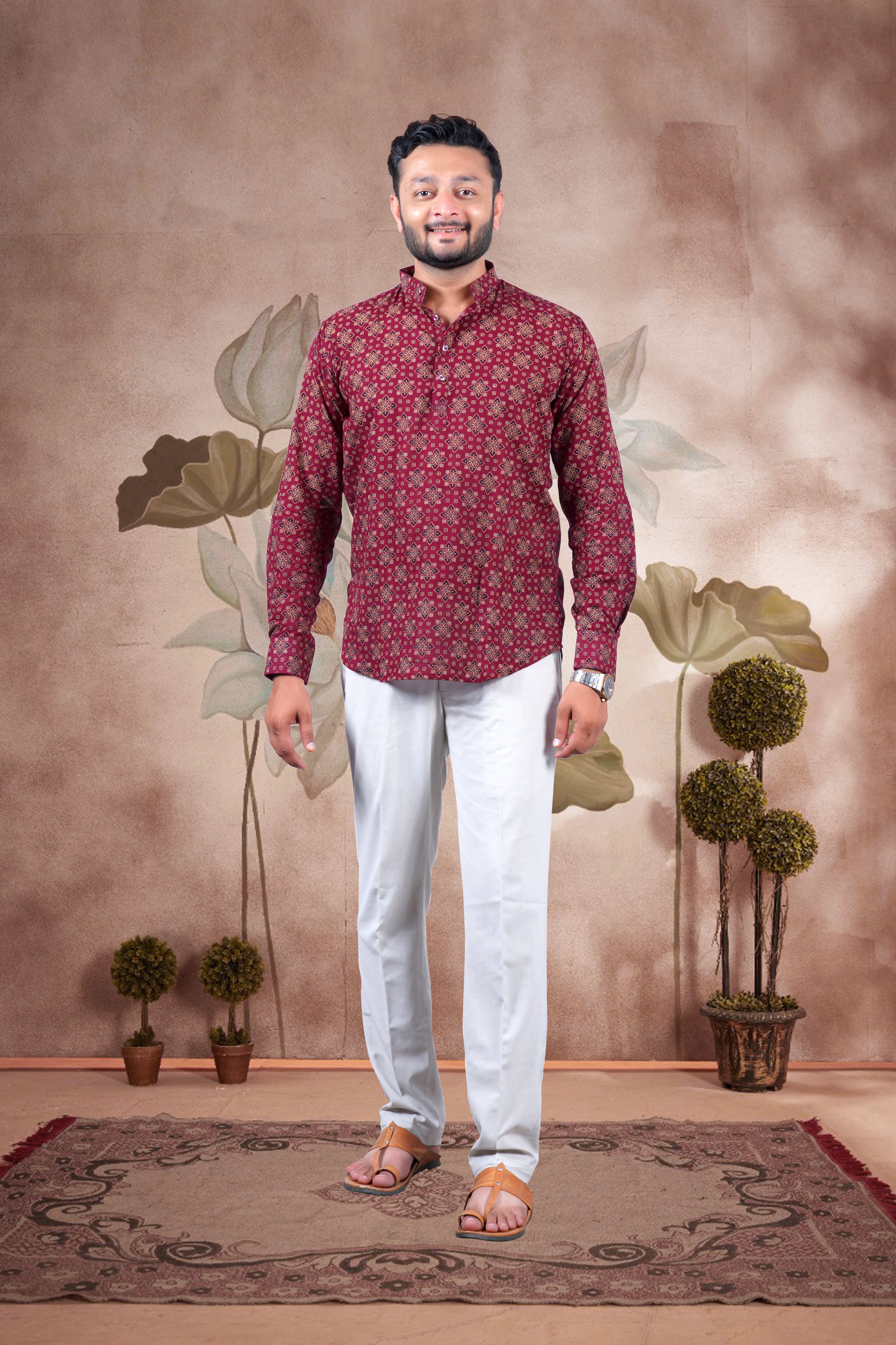 Maroon Ajrakh Digital Print Cotton Short Kurta