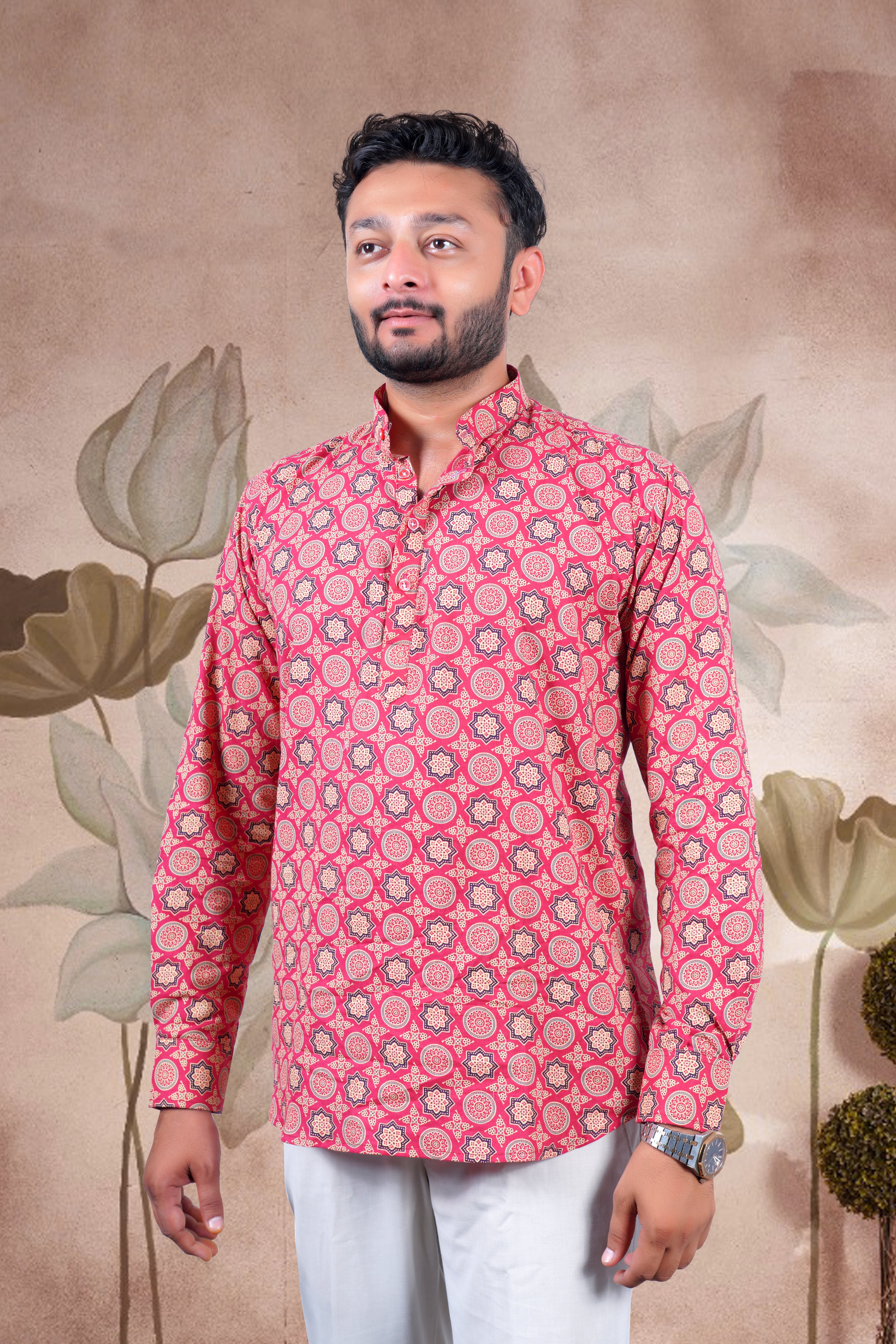 Pink Ajrakh Digital Print Cotton Short Kurta