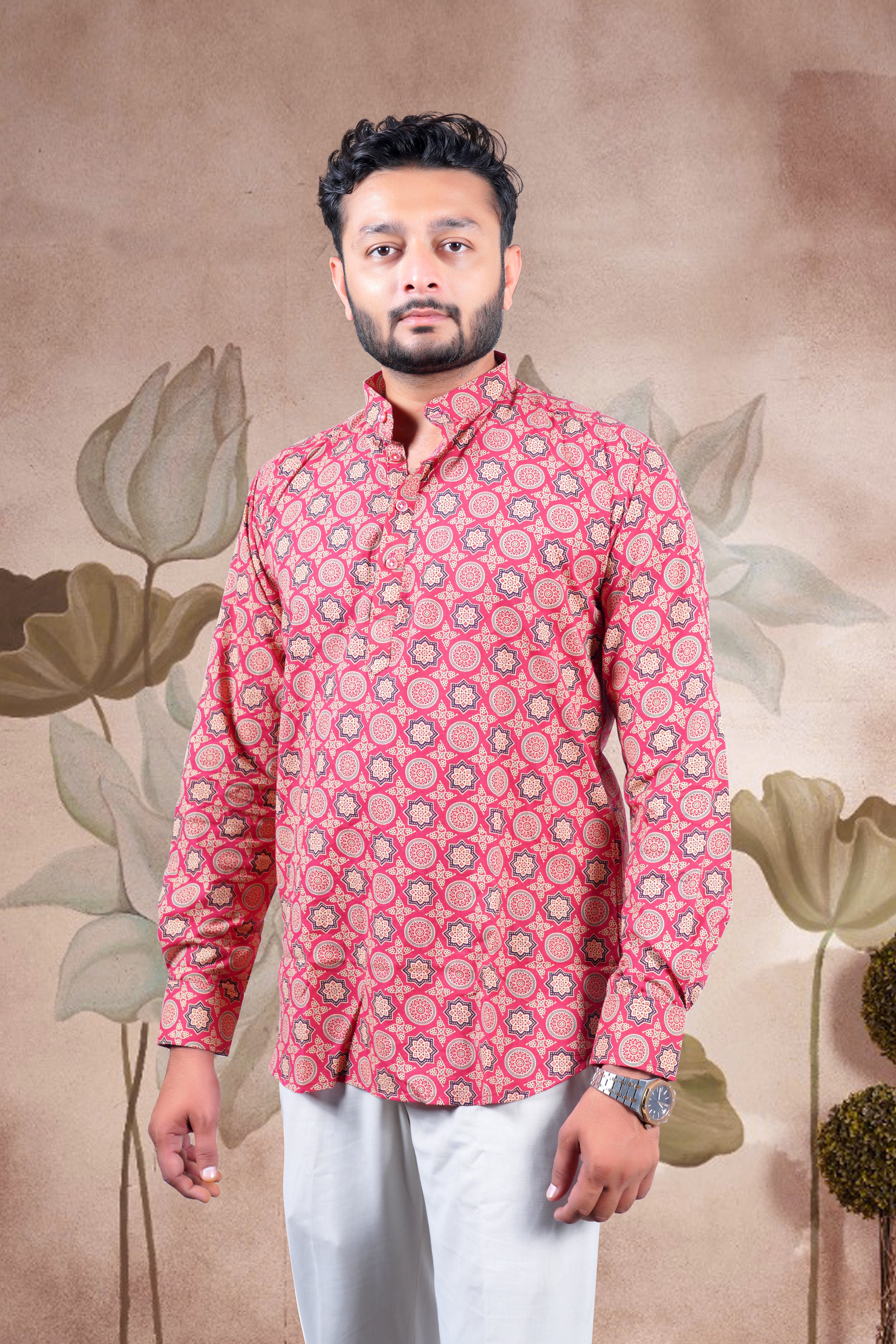Pink Ajrakh Digital Print Cotton Short Kurta