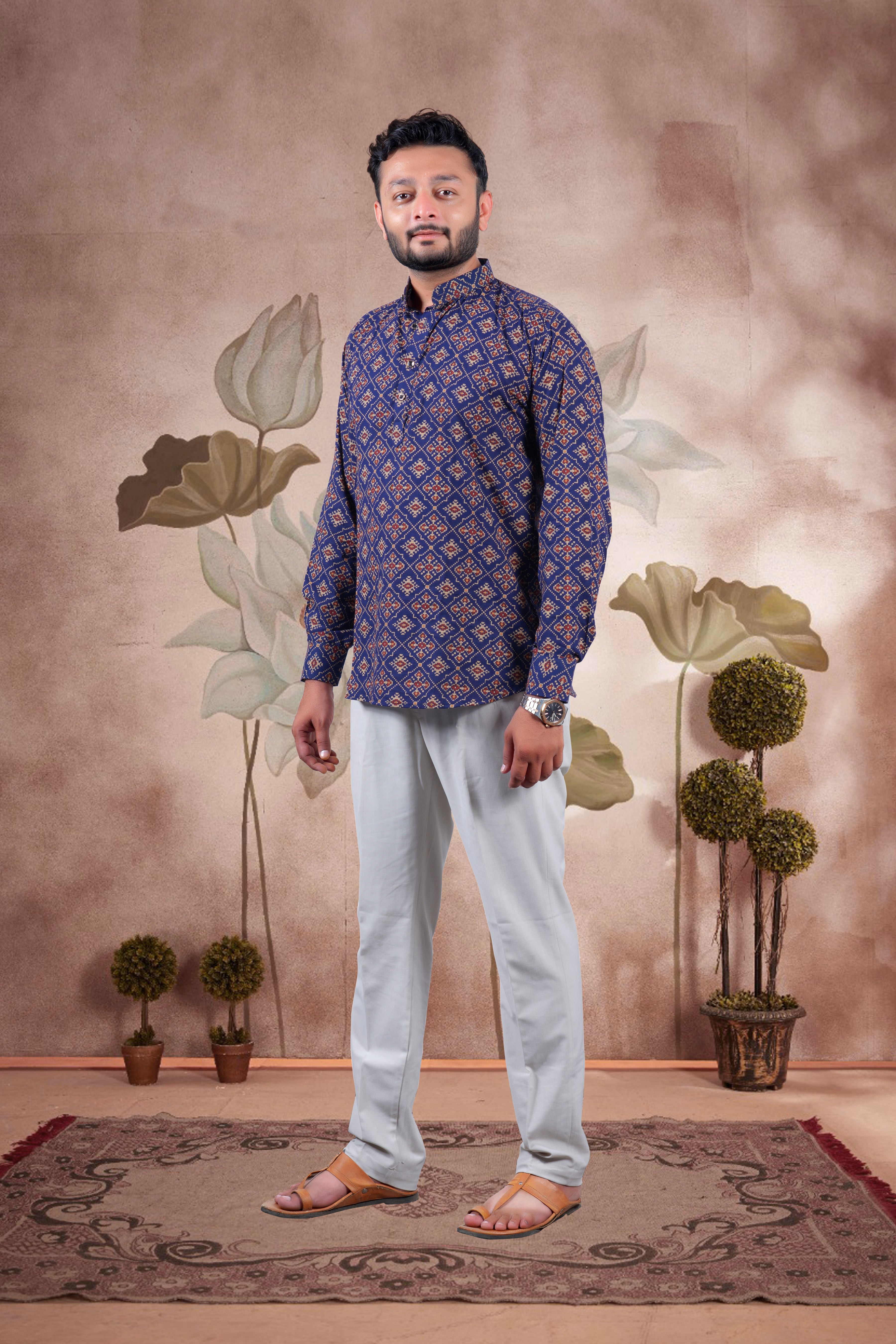 Navy Ajrakh Digital Print Cotton Short Kurta