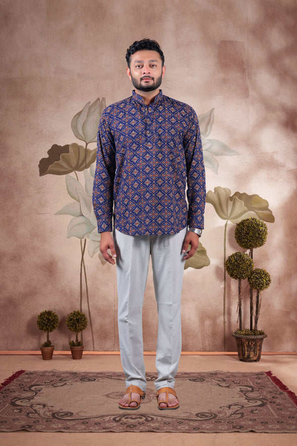Navy Ajrakh Digital Print Cotton Short Kurta