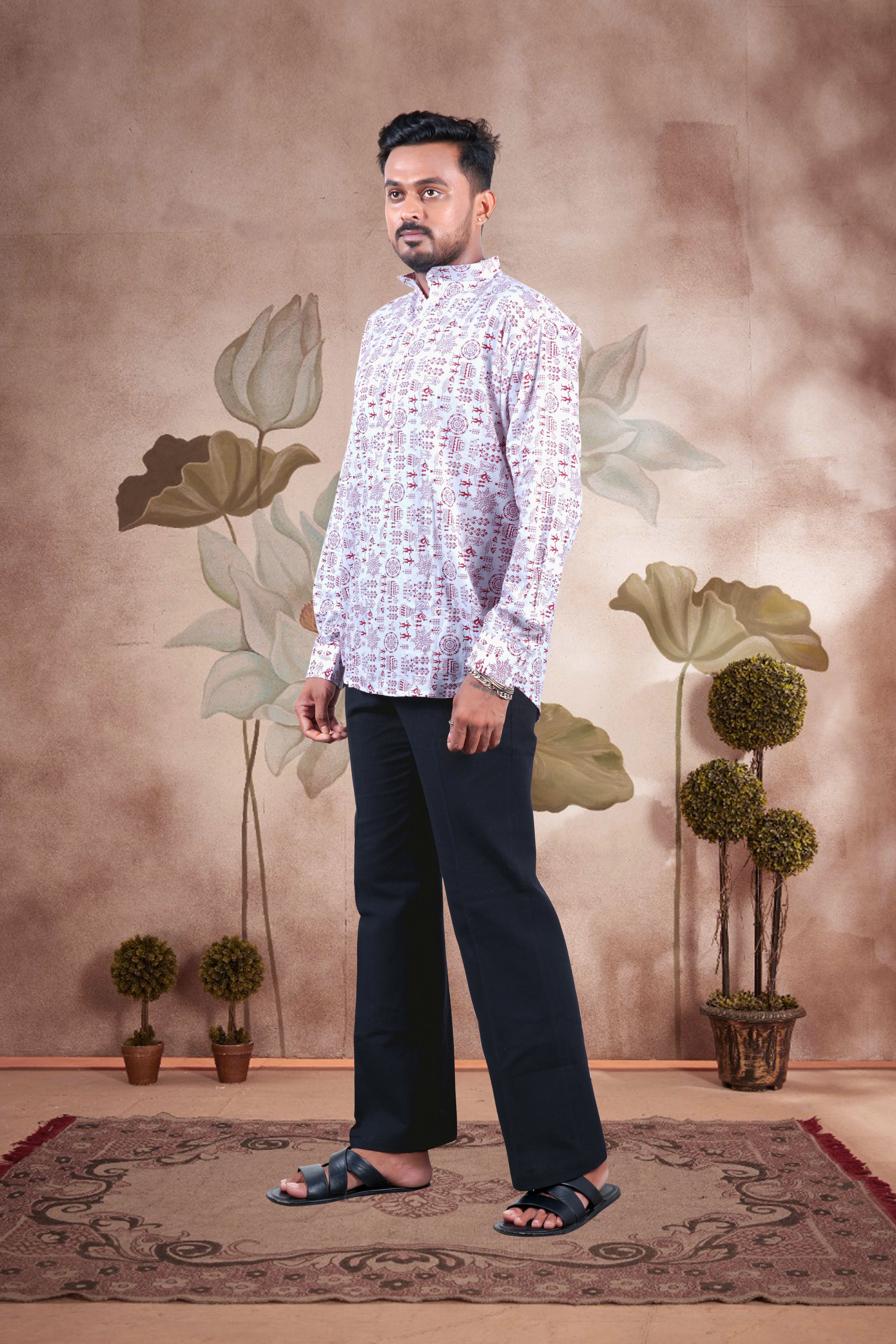 White Warli Art Digital Print Cotton Short Kurta