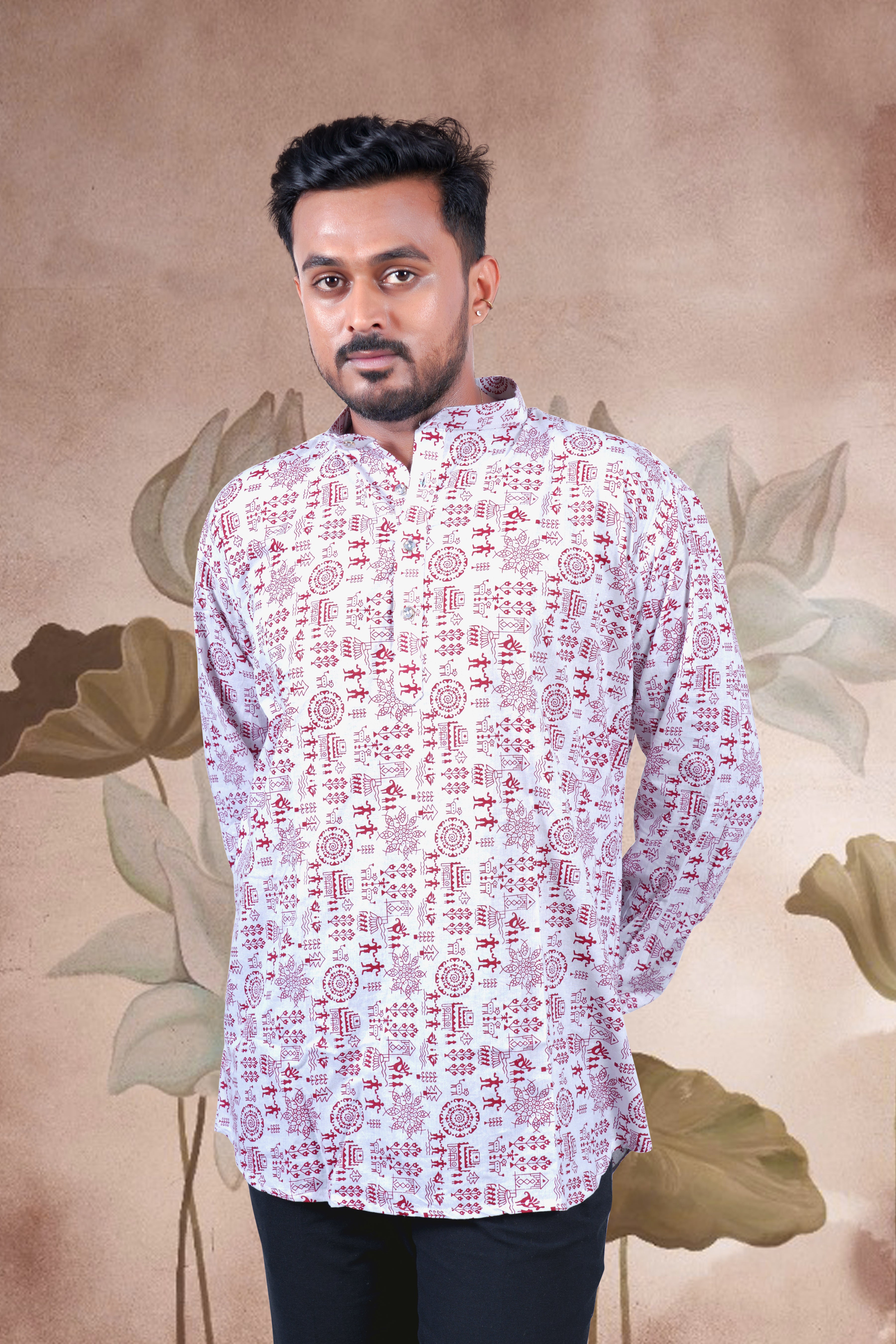 White Warli Art Digital Print Cotton Short Kurta