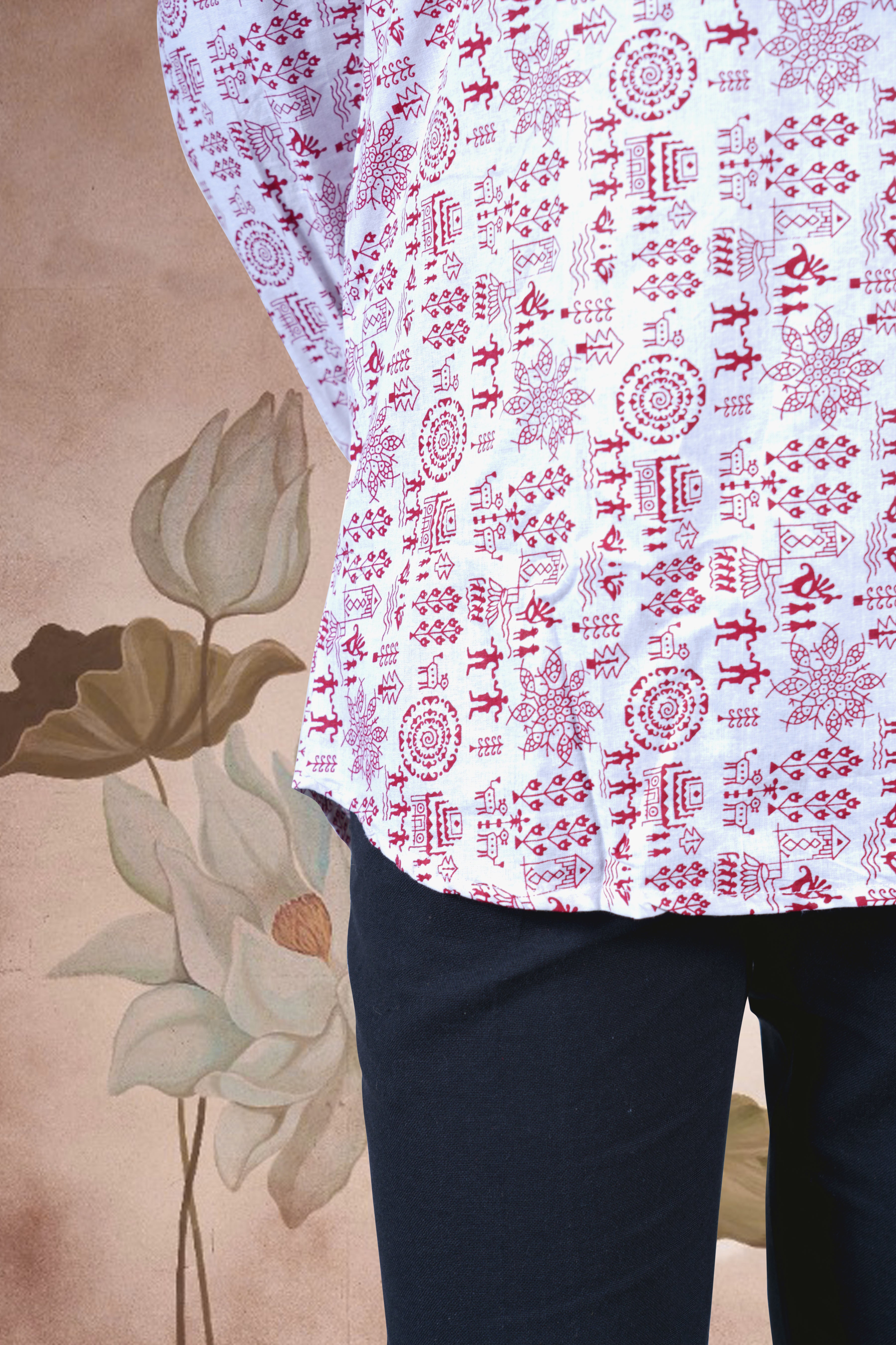 White Warli Art Digital Print Cotton Short Kurta